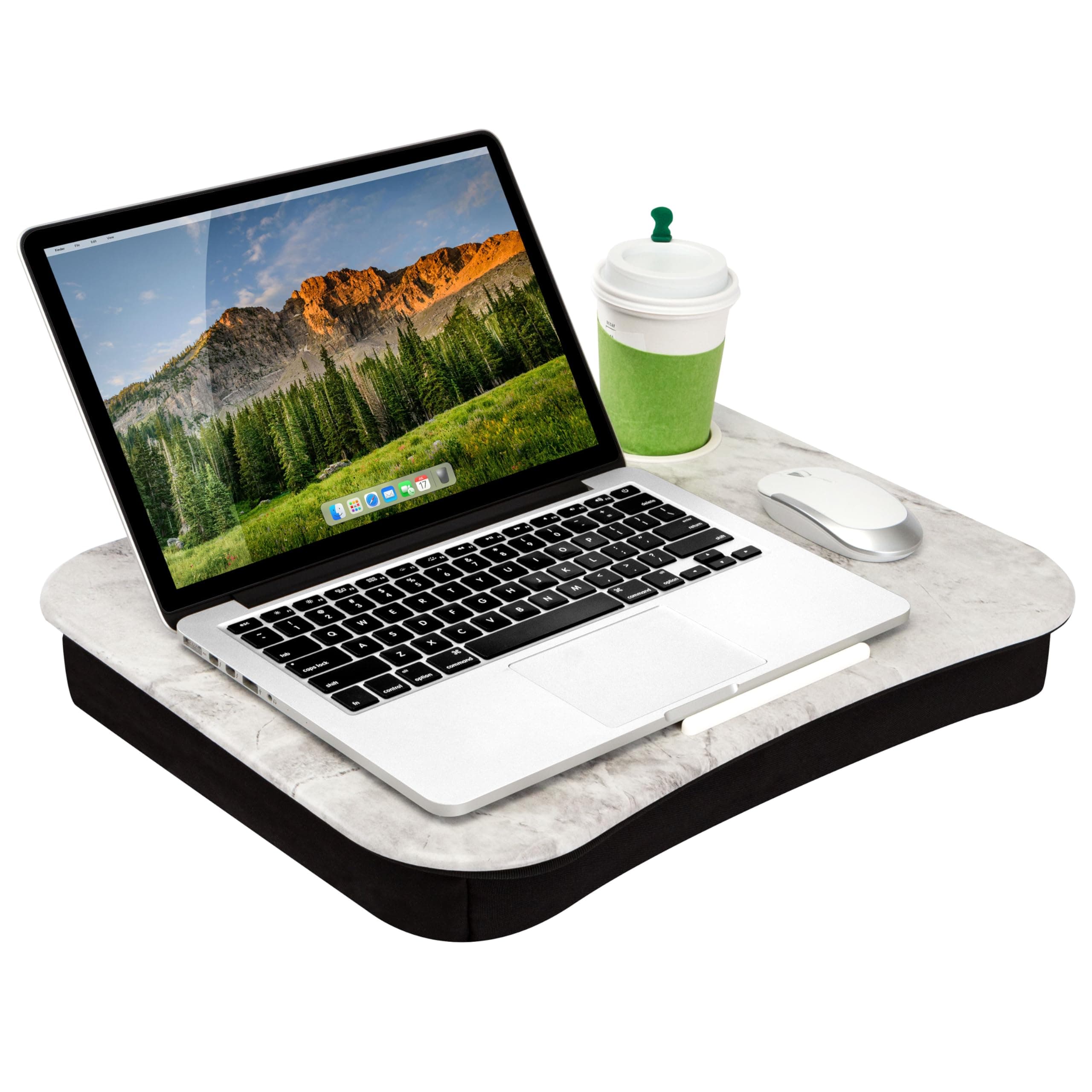 Cup Holder Lap Desk with Device Ledge - White Marble - Fits up to 14 Inch Laptops - Style No. 46305