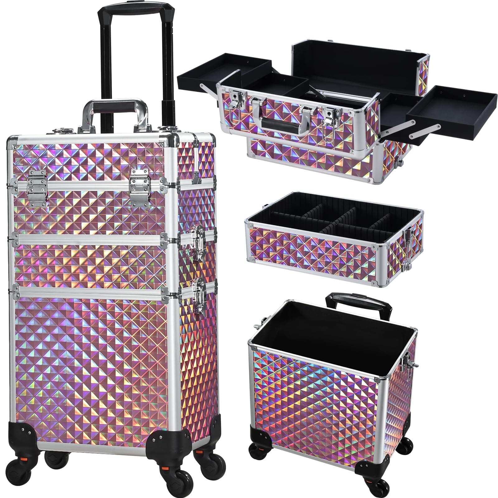 3 in 1 Rolling Makeup Train Case Professional Cosmetic Trolley Large Storage for Beauticians, Hairstylists, Nail Tech Students with Swivel Wheels Salon Barber Case Traveling Cart Trunk, Pink