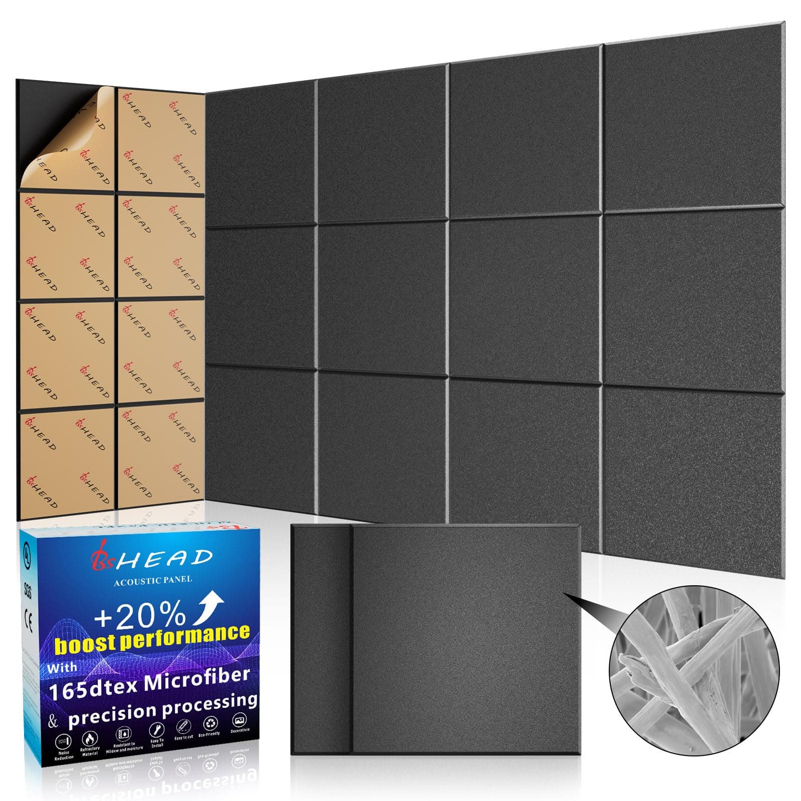 15 pcs 165dtex Microfiber Acoustic Panels ,Self-Adhesive Soundproof Wall Panels, 12 x 12 x 0.4 in Sound Proof Foam Panels for Walls, High Density, Noise Dampening Panels for Home Studio(Black)