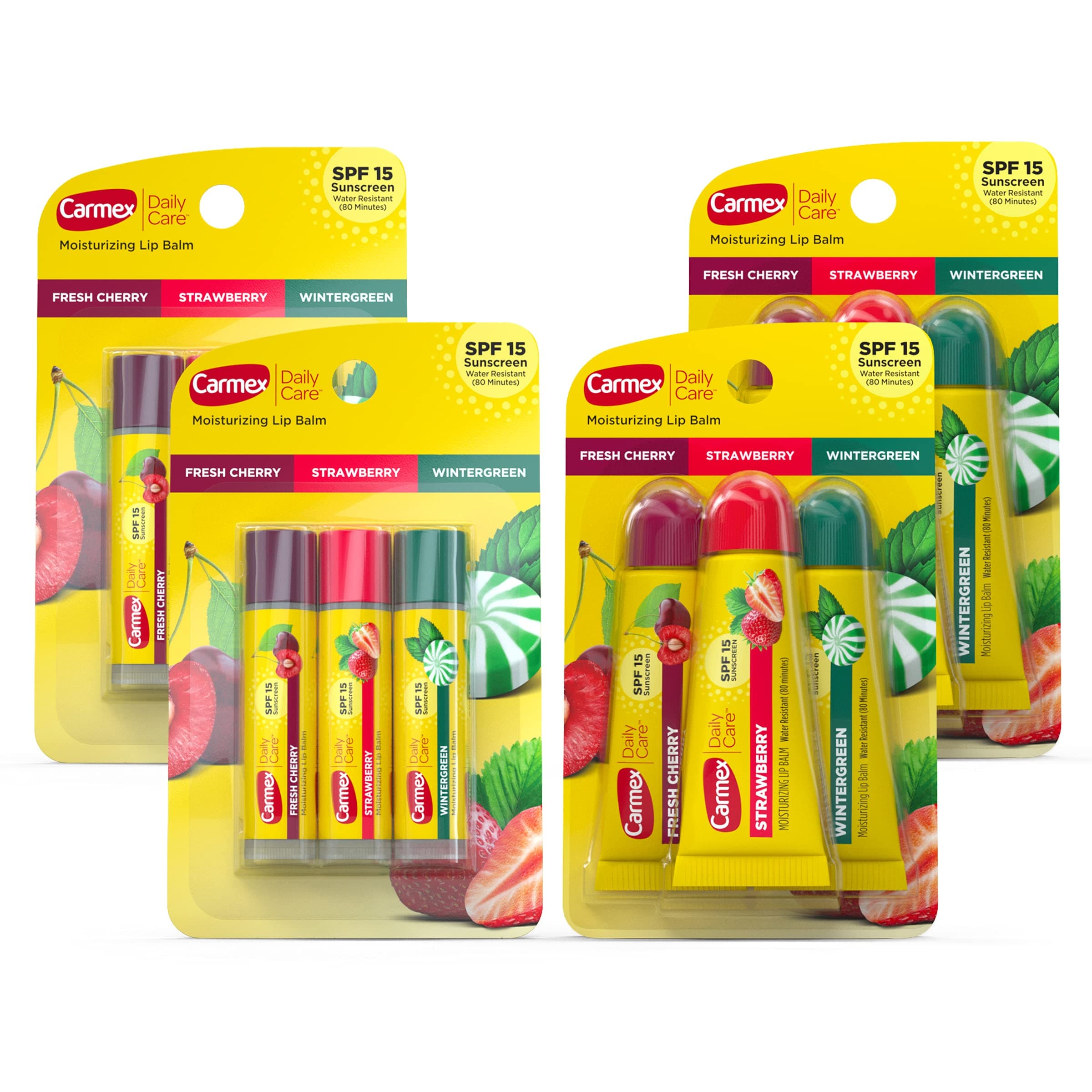 Carmex Daily Care Moisturizing Lip Balm with SPF 15, Multi-Flavor Lip Balm Pack, 12 Count (6 Tubes, 6 Sticks)