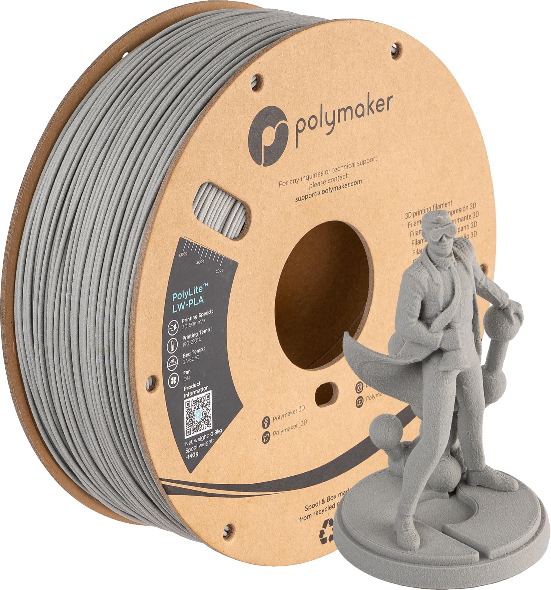 Polymaker Light Weight PLA Filament 1.75mm Grey 0.8kg, PolyLite 3D Printer PLA Filament Grey Low Density, Print with Most 3D Printers