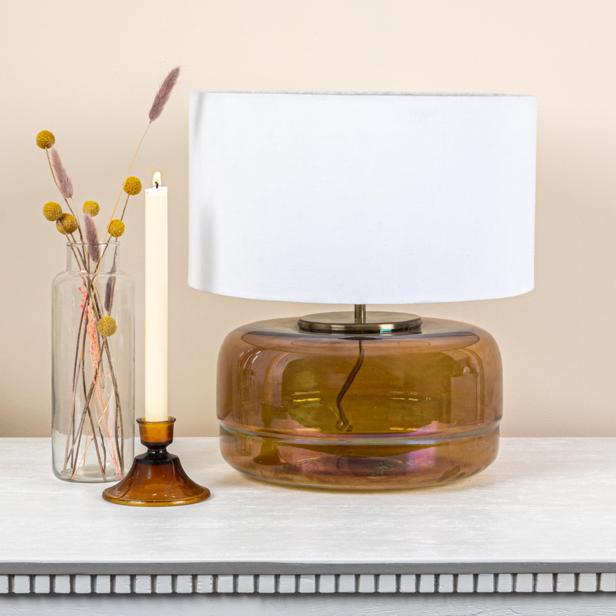 Creative Co-Op Amber Glass Table Lamp with White Cotton Shade