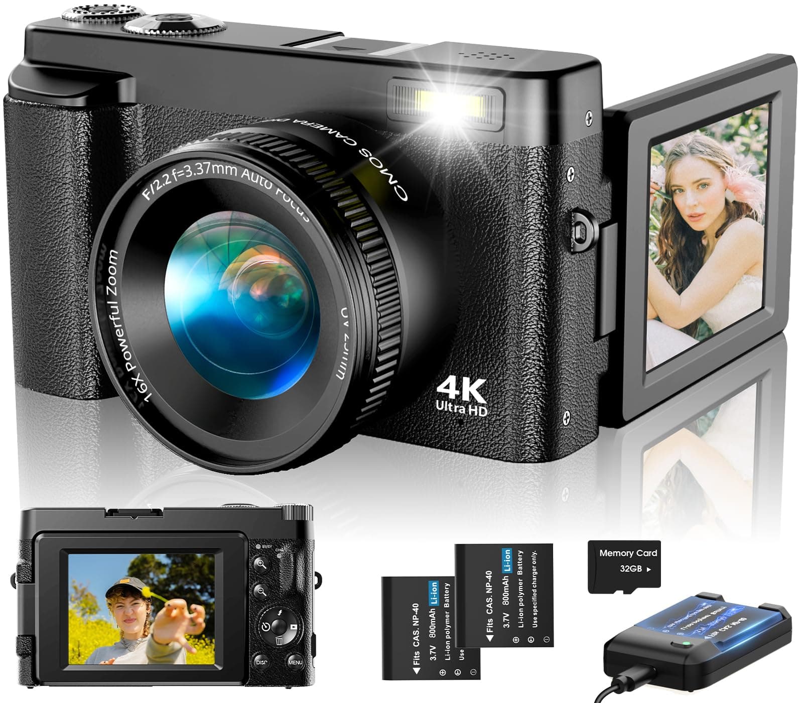 4K Digital Camera for Photography Autofocus, Upgraded 48MP Vlogging Camera for YouTube with SD Card, 3" 180 Flip Screen Compact Travel Camera with 16X Digital Zoom, Flash, Anti-Shake, 2 Batterie