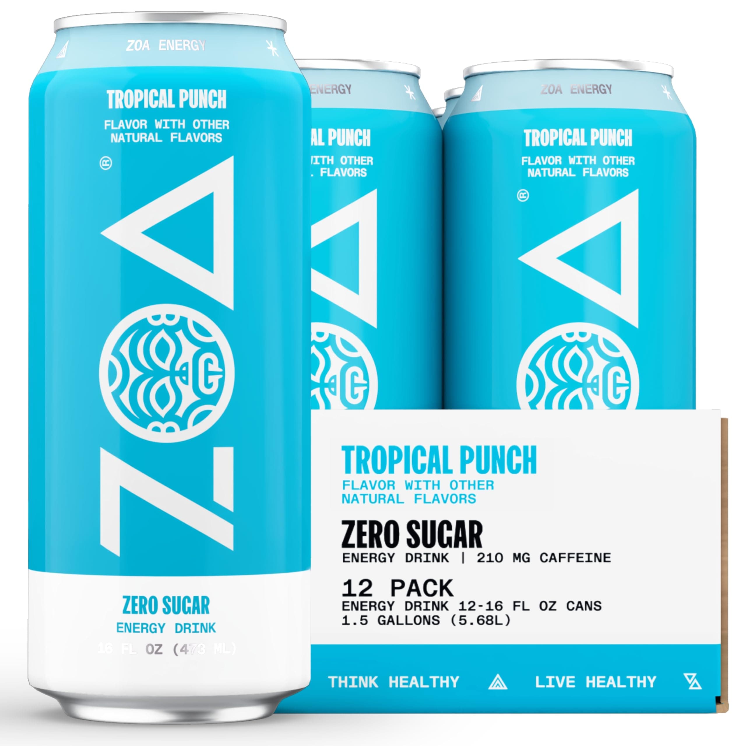 ZOA Zero Sugar Energy Drinks - Tropical Punch | Healthy Energy Formula with Natural Caffeine, Daily Vitamin C, Essential B-Vitamins | Gluten-Free, Keto Friendly | 16 Ounce Cans (Pack Of 12)