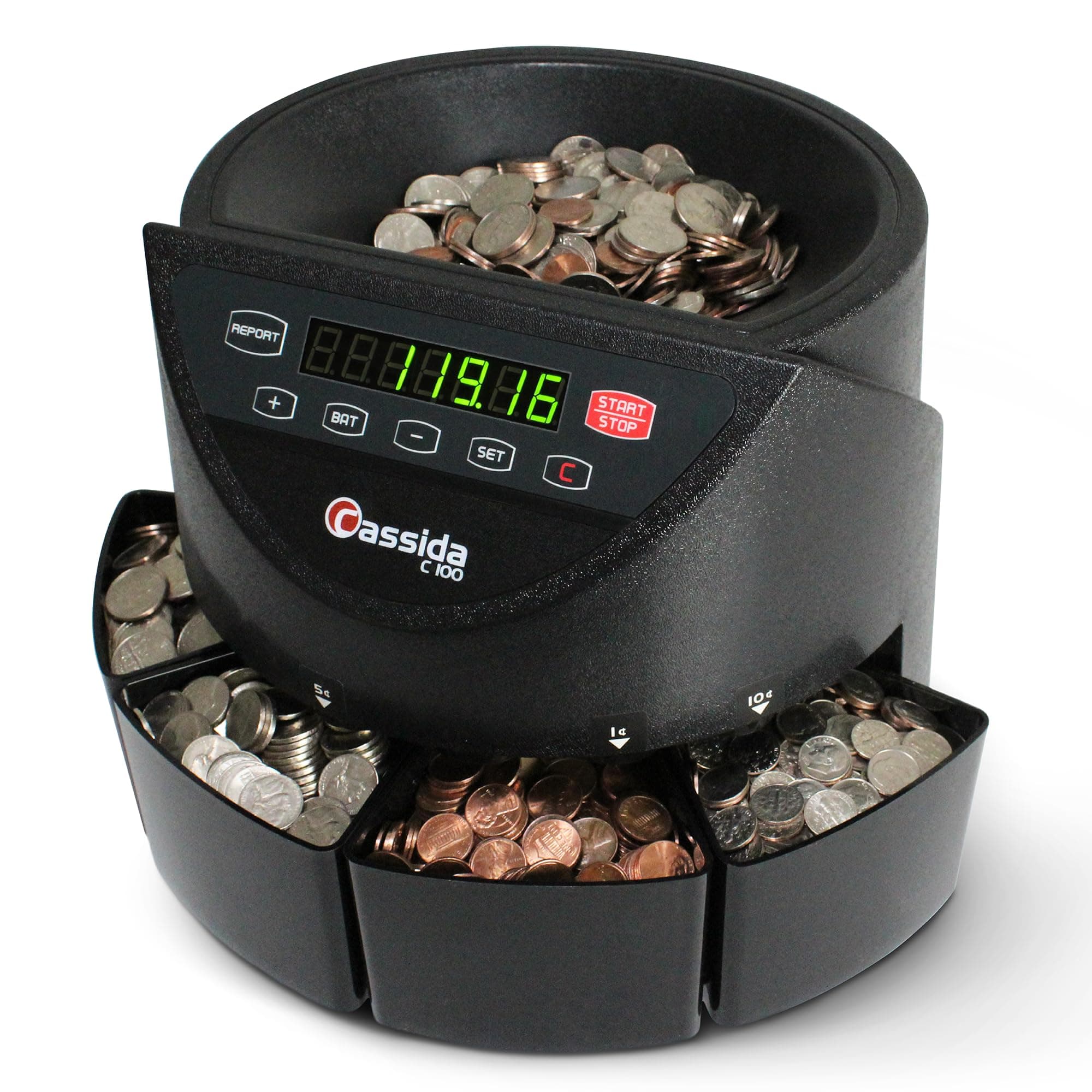 Cassida C100 Electronic Coin Sorter/Counter, Countable coins 1¢, 5¢, 10¢, 25¢, 250 coins/min, 110 VAC