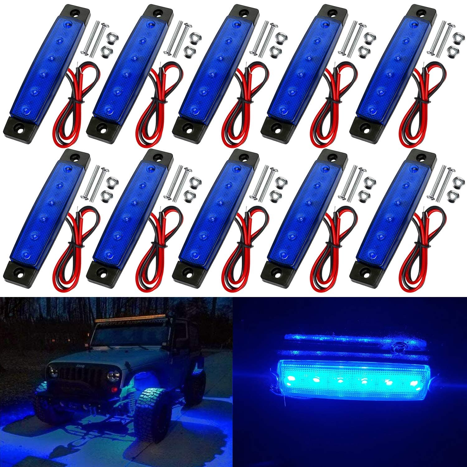 10 Pack LED Rock Strip Lights Waterproof Exterior Interior Lights Car Underglow Wheel Fender Well Lighting Kits for Golf Cart Jeep Wangler Offroad Truck Ford RV UTV ATV RZR Snowmobile (Blue)
