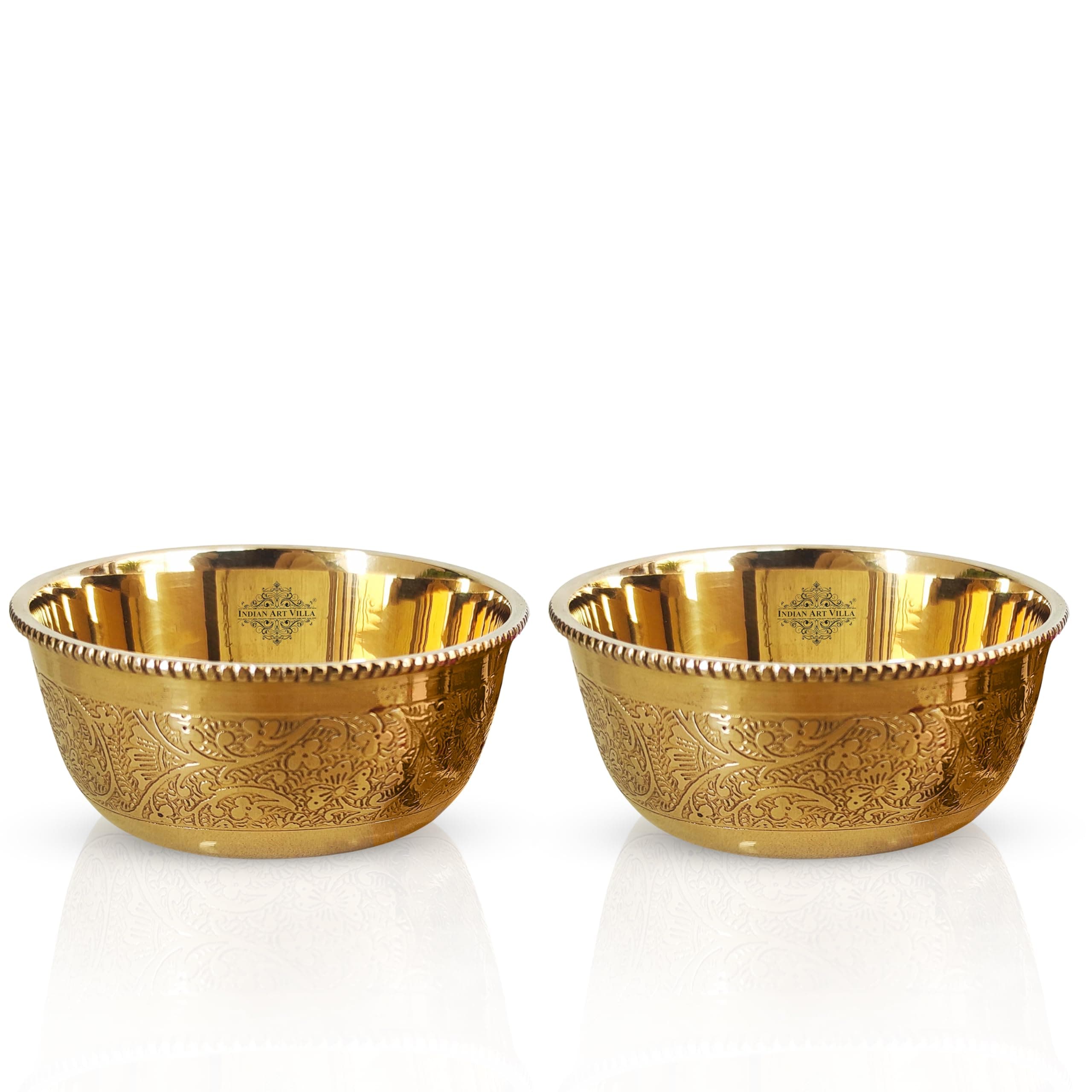 INDIAN ART VILLA Pure Brass Embossed Design Flat Bottom Bowl, Decorative Dinnerware, Tableware and Serveware for Home Hotel Restaurant, Volume-220 ml, Set of 2