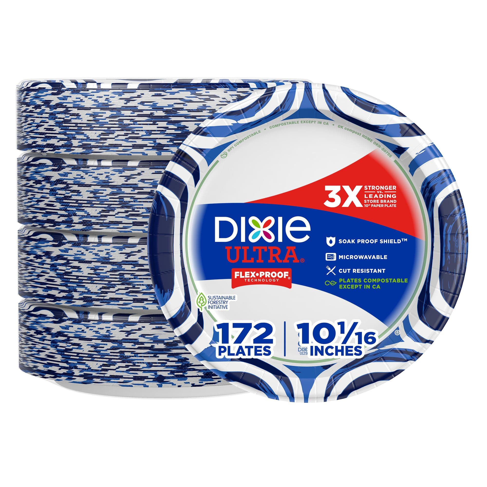 Dixie Ultra Paper Plates, 10 1/16 inch, Dinner Size Printed Disposable Plate, 172 Count (4 Packs of 43 Plates), Packaging and Design May Vary