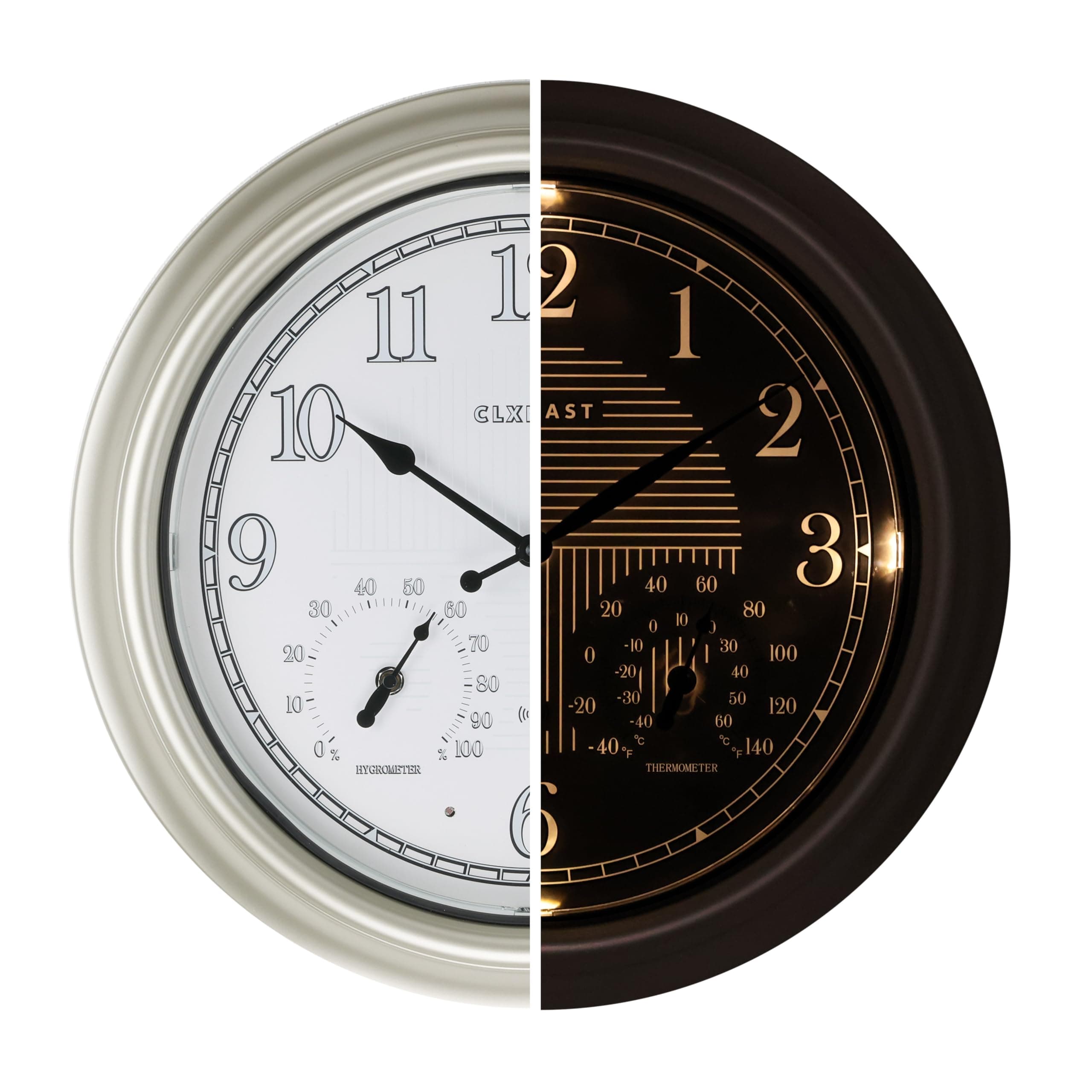 CLXEAST 18 Inch Illuminated Outdoor Indoor Atomic Analog Wall Clock with Temperature & Humidity Combo, Lighted Outdoor Clocks for Patio Large Waterproof with Thermometer, Modern Morning Silver/Gold