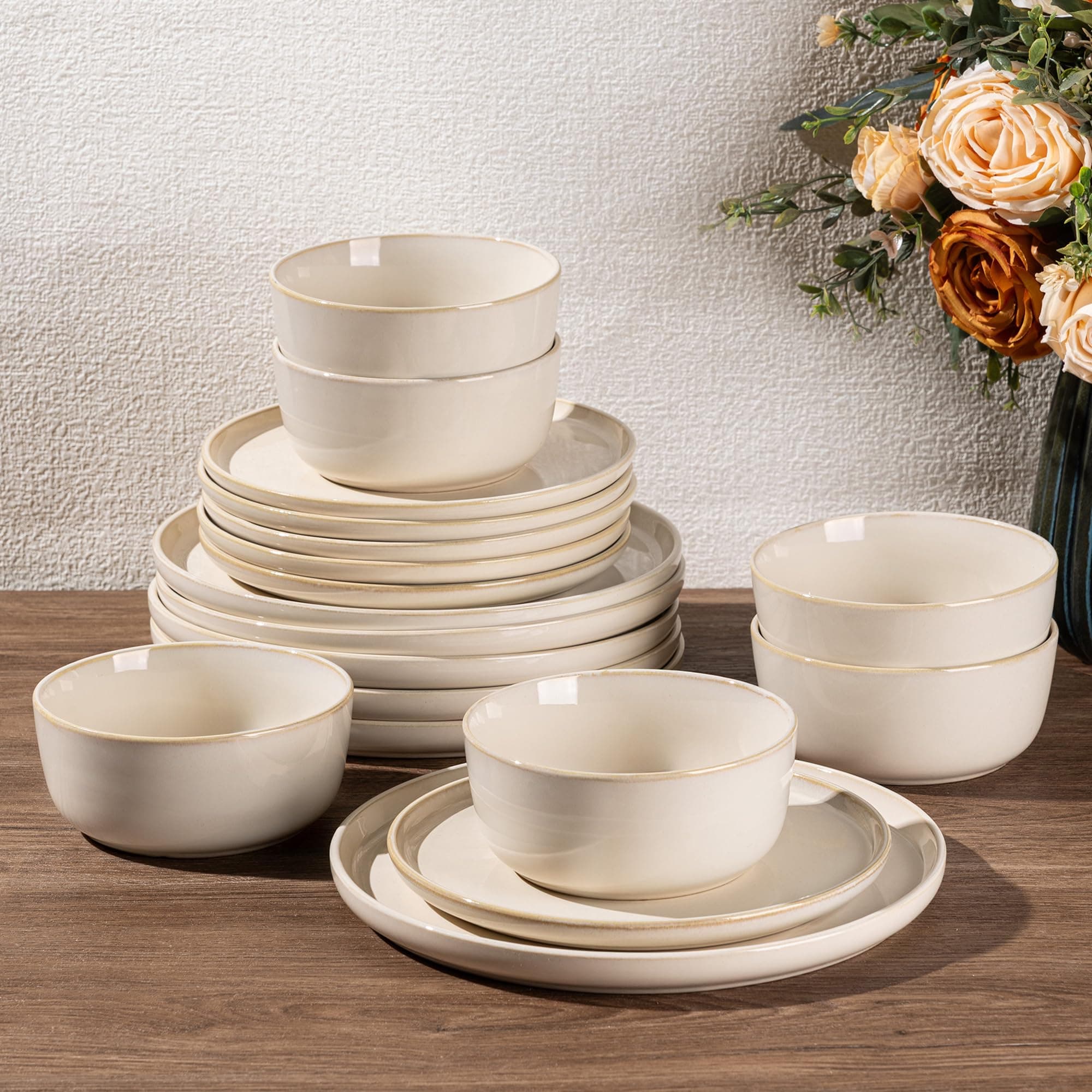 GBHOME Dinnerware Sets for 4, 12 Pieces Stoneware Plates and Bowls Sets, Scratch Resistant Dishes, Dishwasher & Microwave Safe, Reactive Glaze-Vanilla color