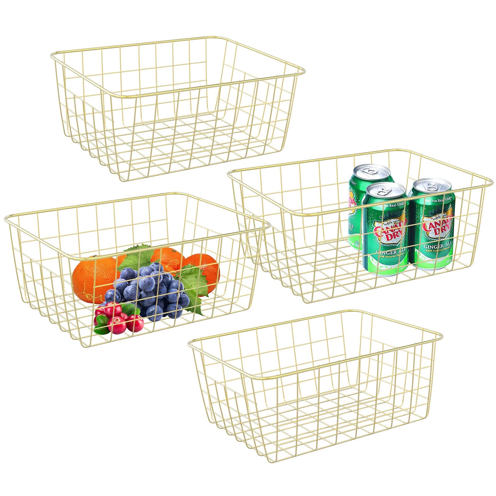 Gold Wire Baskets for Organizing, Metal Storage Baskets with Handles, Sturdiness Small Wire Storage Basket Organizer Bins for Pantry Kitchen Bathroom, 4 Pack