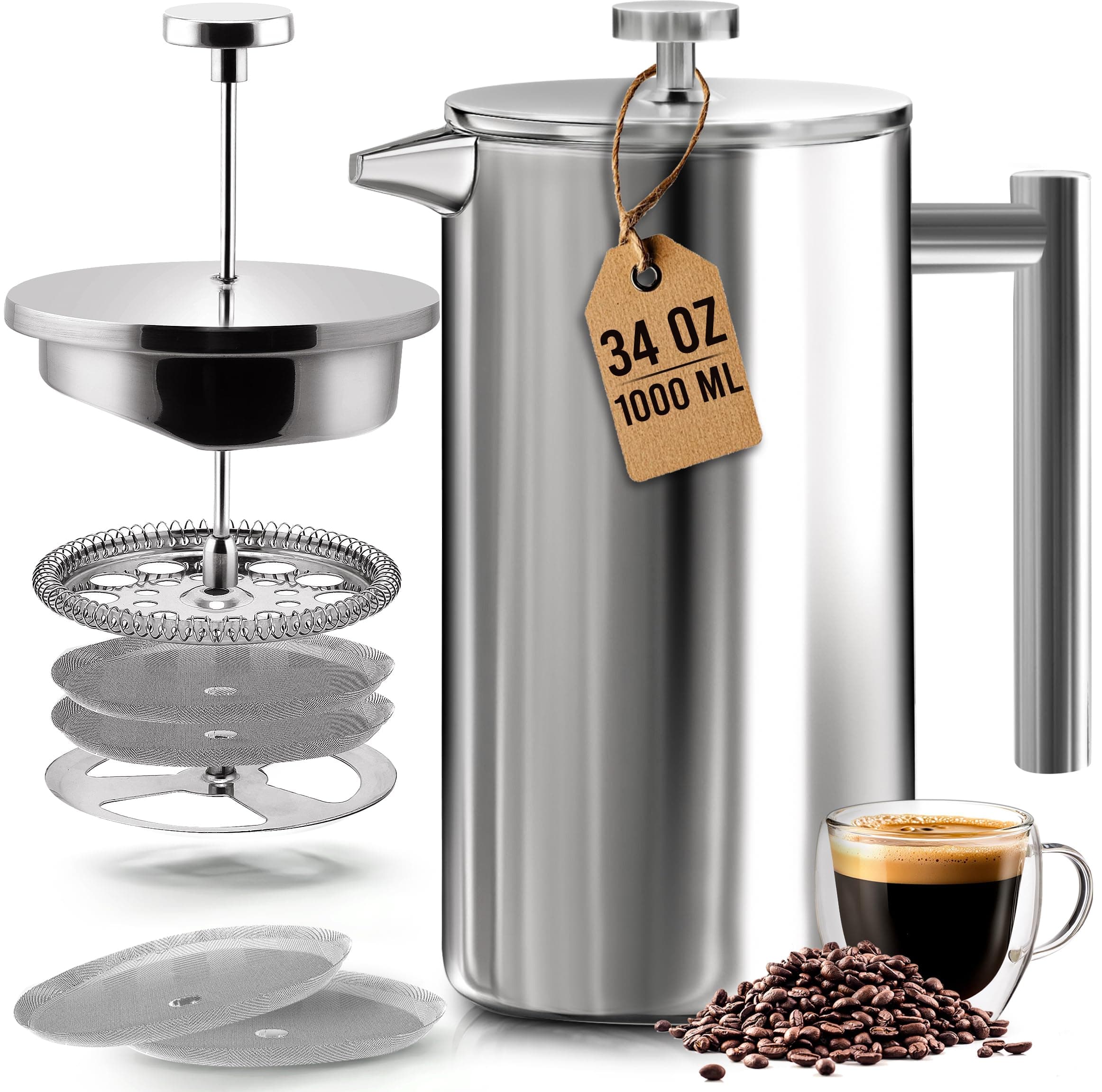 Utopia Kitchen 304 Grade Stainless Steel French Press Coffee Maker 34 Oz, Double Wall Insulated Coffee Press with 4-Level Filtration System, Include 2 Extra Filters, Rust-Free, Dishwasher Safe, Silver