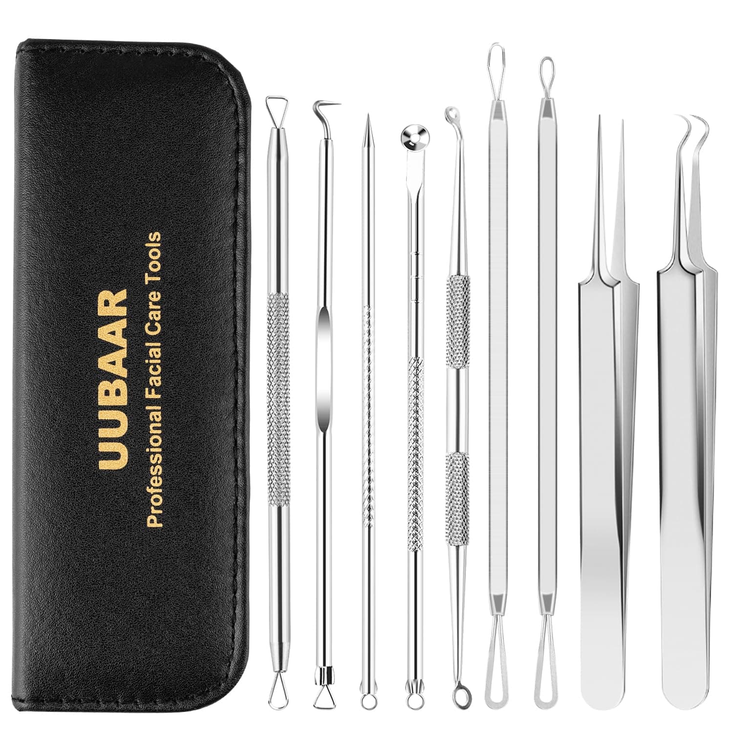 UUBAAR 9PCS Blackhead Remover Tools, Pimple Popper Tool Kit with 2 Tweezers, 304 Stainless Steel Comedone Extractor, 16 Precision Heads Face Nose Acne Zit Removal, Home Esthetician Use & Leather Case