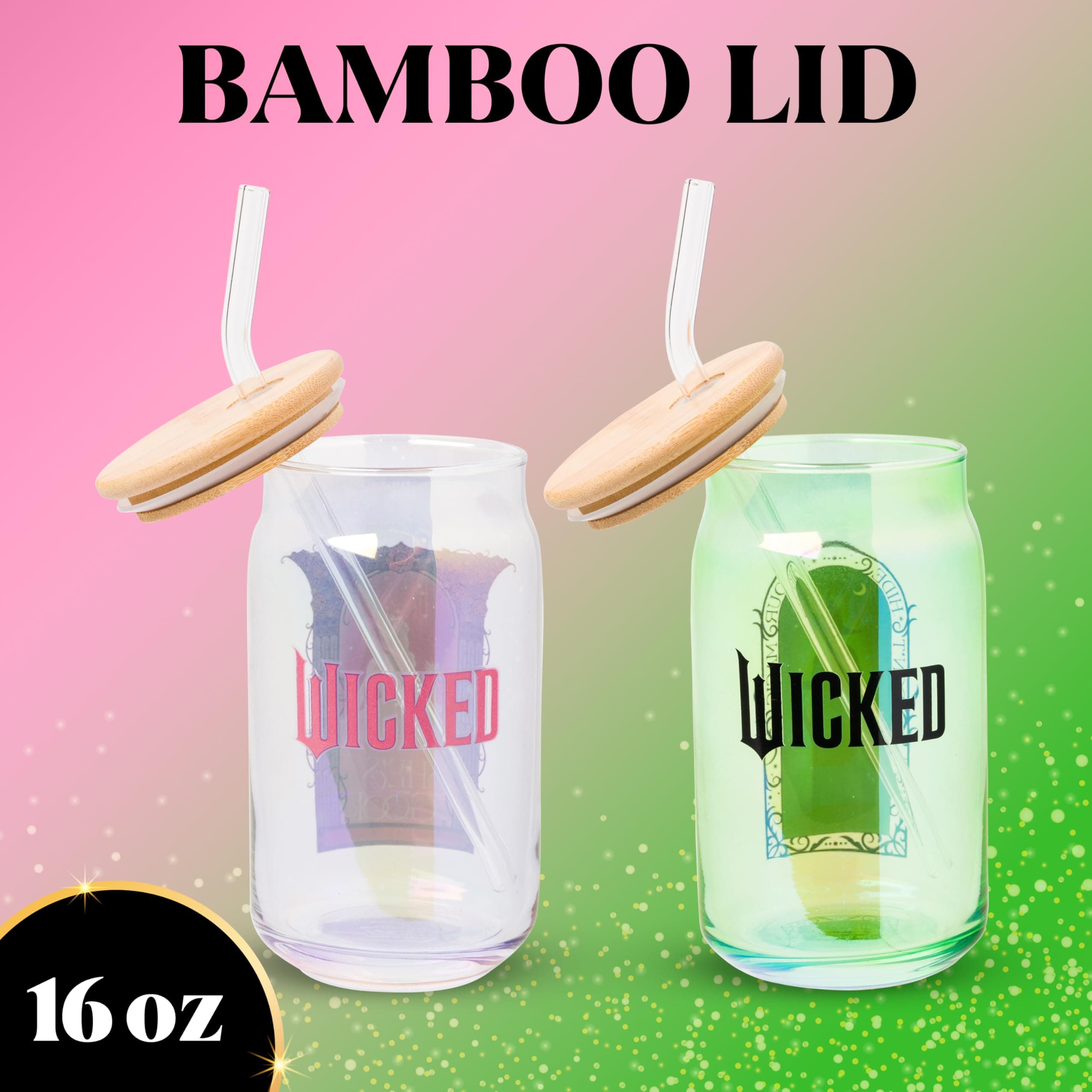 Silver Buffalo Wicked Featuring Elphaba and Glinda She's So Good and Don't Hide Your Magic 2 Pack Glass Jar Tumbler with Bamboo Lid and Glass Straw, 16 Ounces