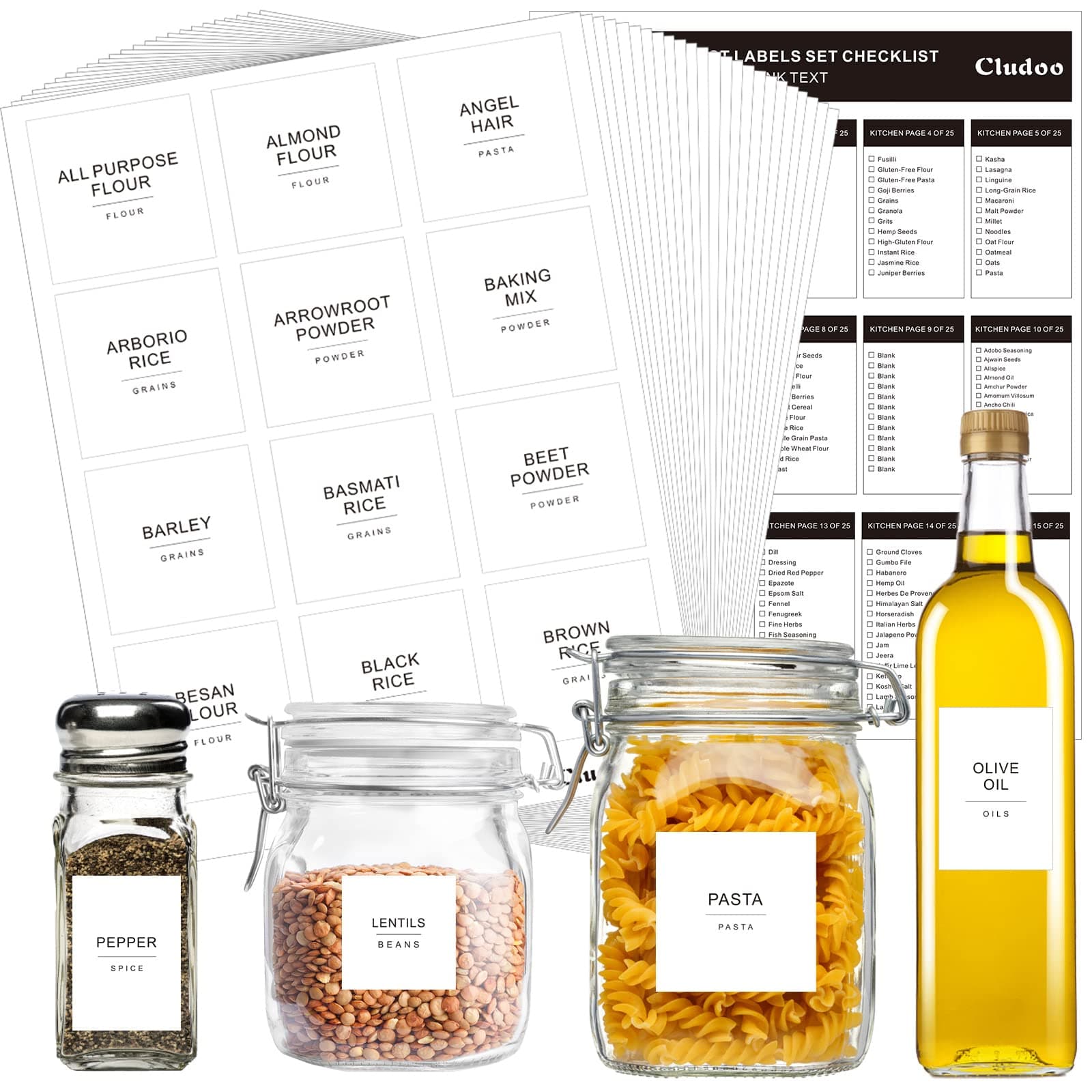 Cludoo 434 Pcs Kitchen Pantry Labels for Food Containers with DIY Blank Labels,3 Sizes Preprinted Minimalist Waterproof Pantry Labels, Kitchen Organization Labels for Jar, Bottles,Boxes