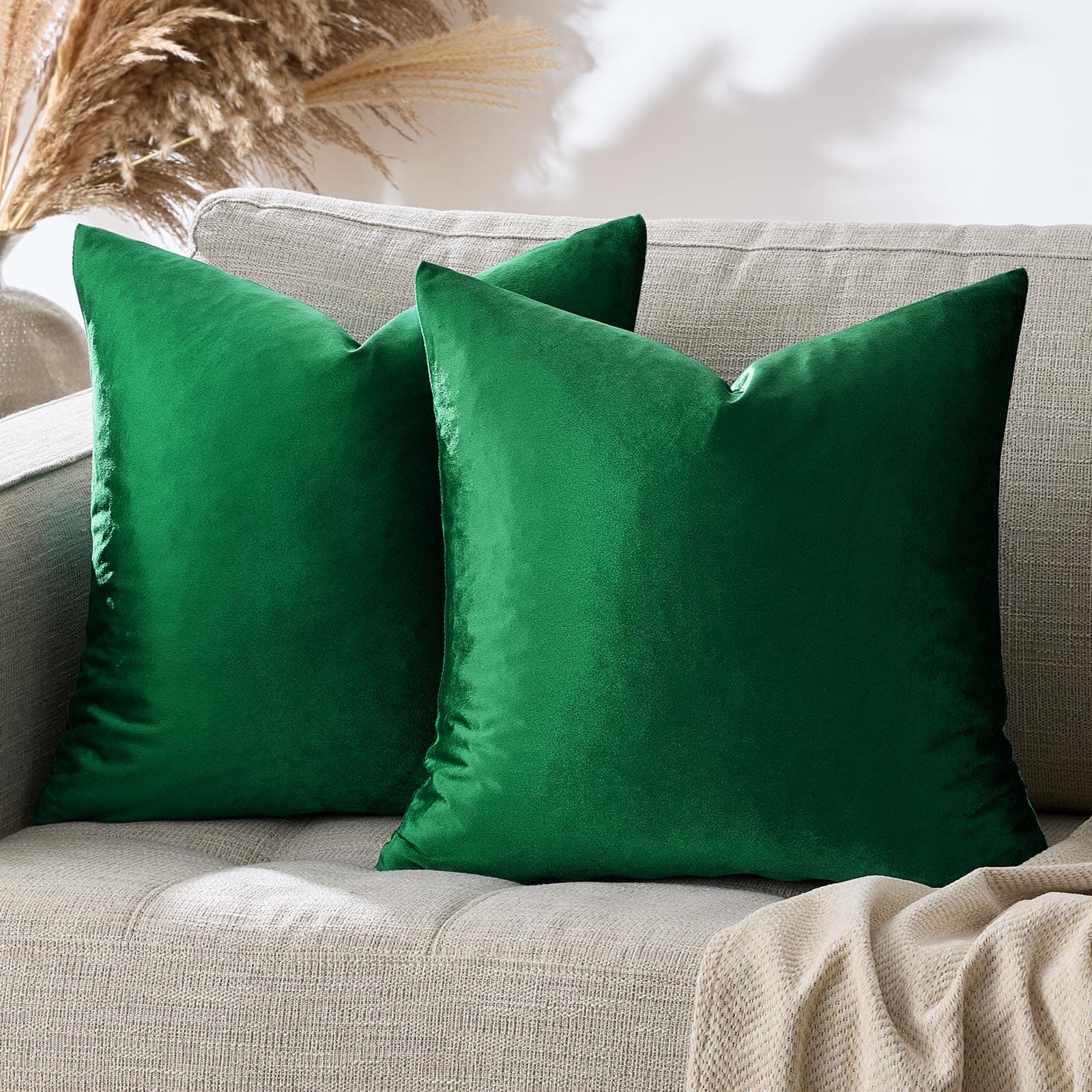 GIGIZAZA Decorative Throw Pillow Covers 18 x 18, Set of 2 Forest Green Soft Pillow Covers Velvet,Christmas Decor Square Cushion Covers