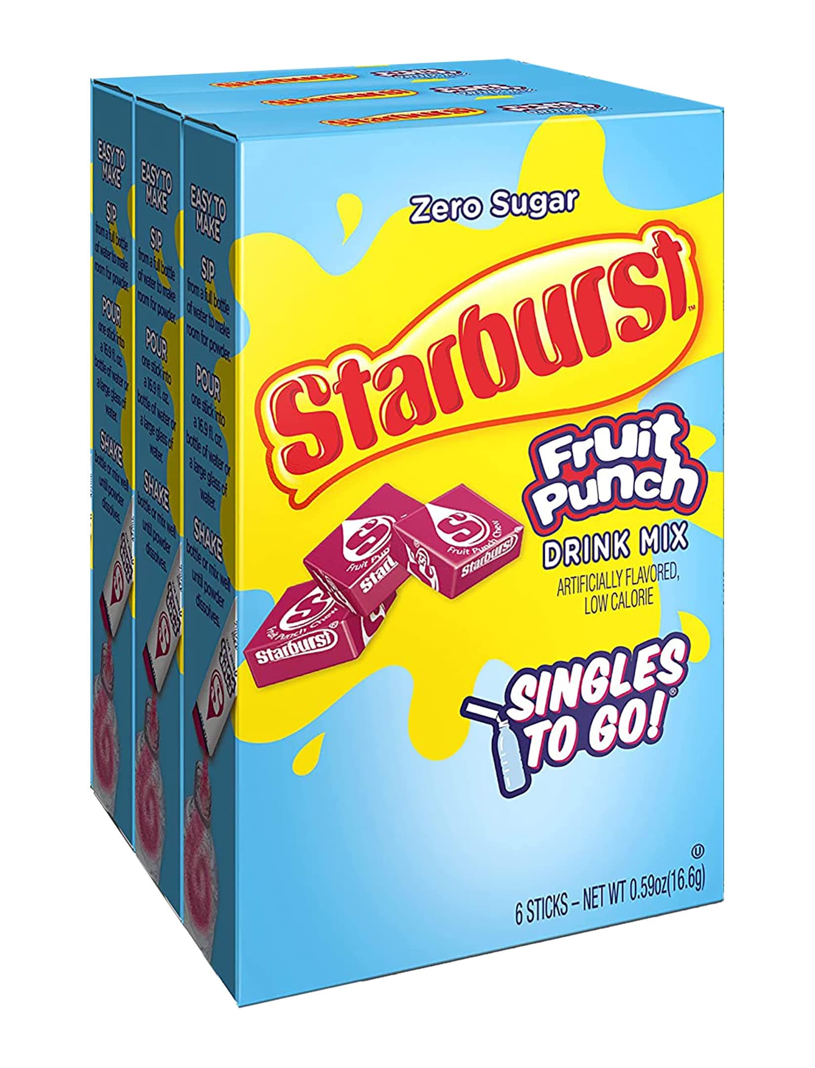 Starburst Singles To Go Powdered Drink Mix, Fruit Punch, 3 Boxes with 6 Packets Each - 18 Total Servings, Sugar-Free Drink Powder, Just Add Water, 6 count (Pack of 3)