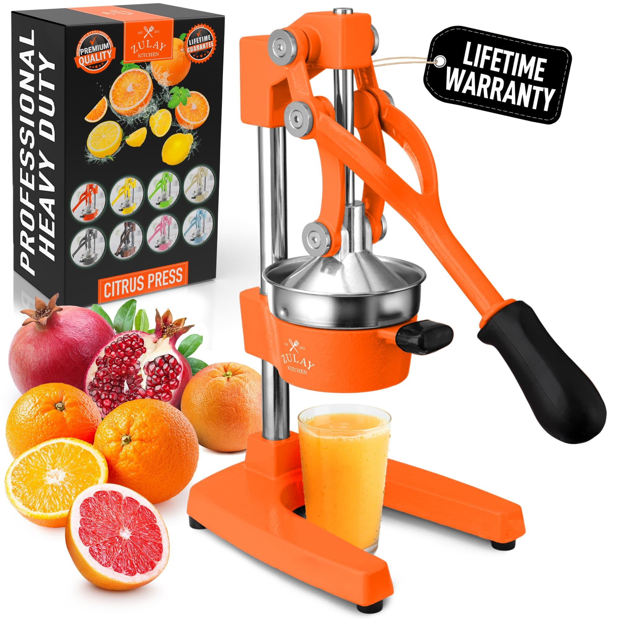 Zulay Kitchen Cast-Iron Orange Juice Squeezer - Heavy-Duty, Easy-to-Clean, Professional Citrus Juicer - Durable Stainless Steel Lemon Squeezer - Sturdy Manual Citrus Press (Orange)