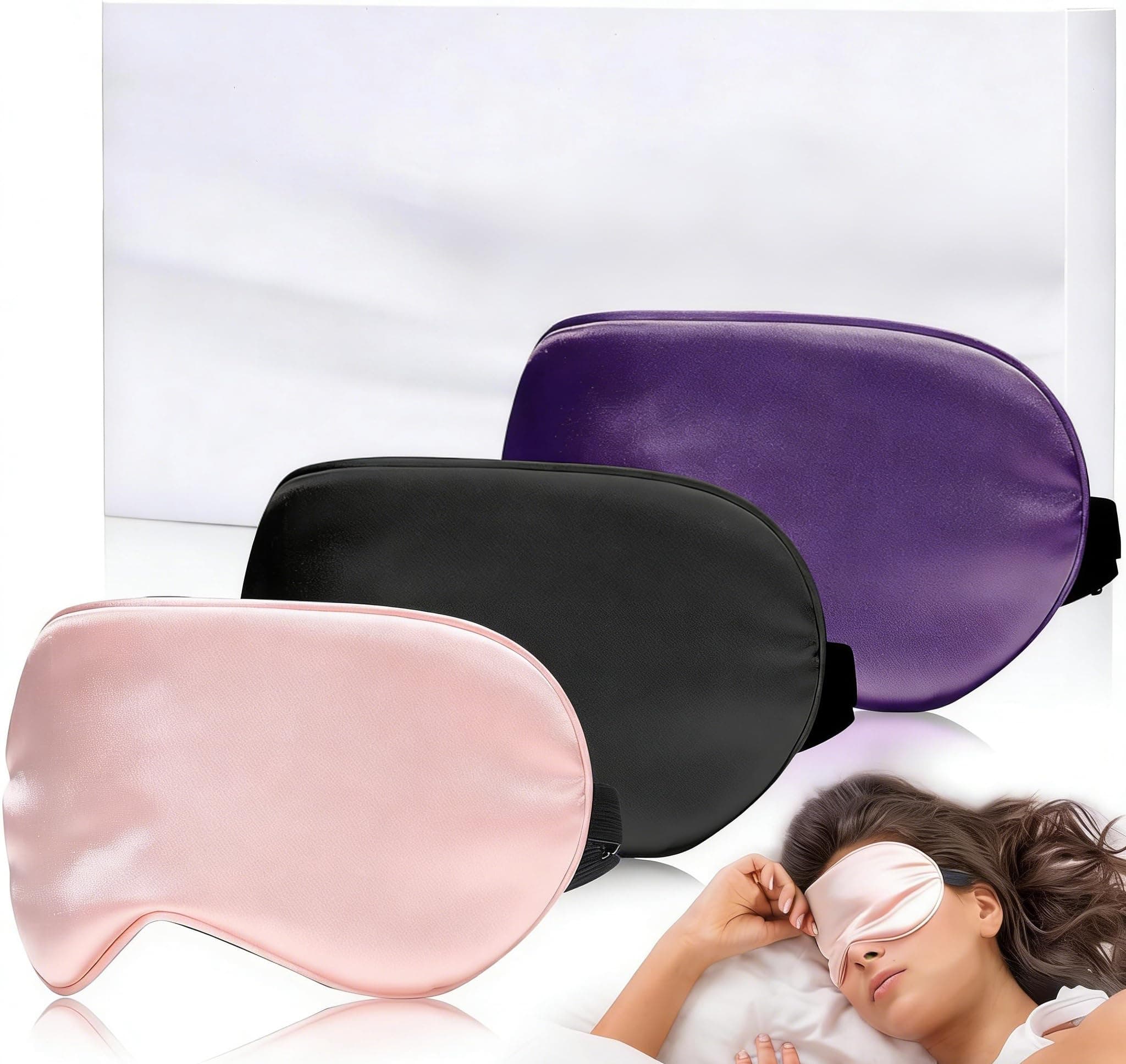 Eye Mask for Sleeping,3 Pack Silk Sleep Masks for Women Men-Blindfold for Travel on Airplane,100% Pure Silk Eye Mask for Sleep with Adjustable Strip(Black-Pink-Purple)