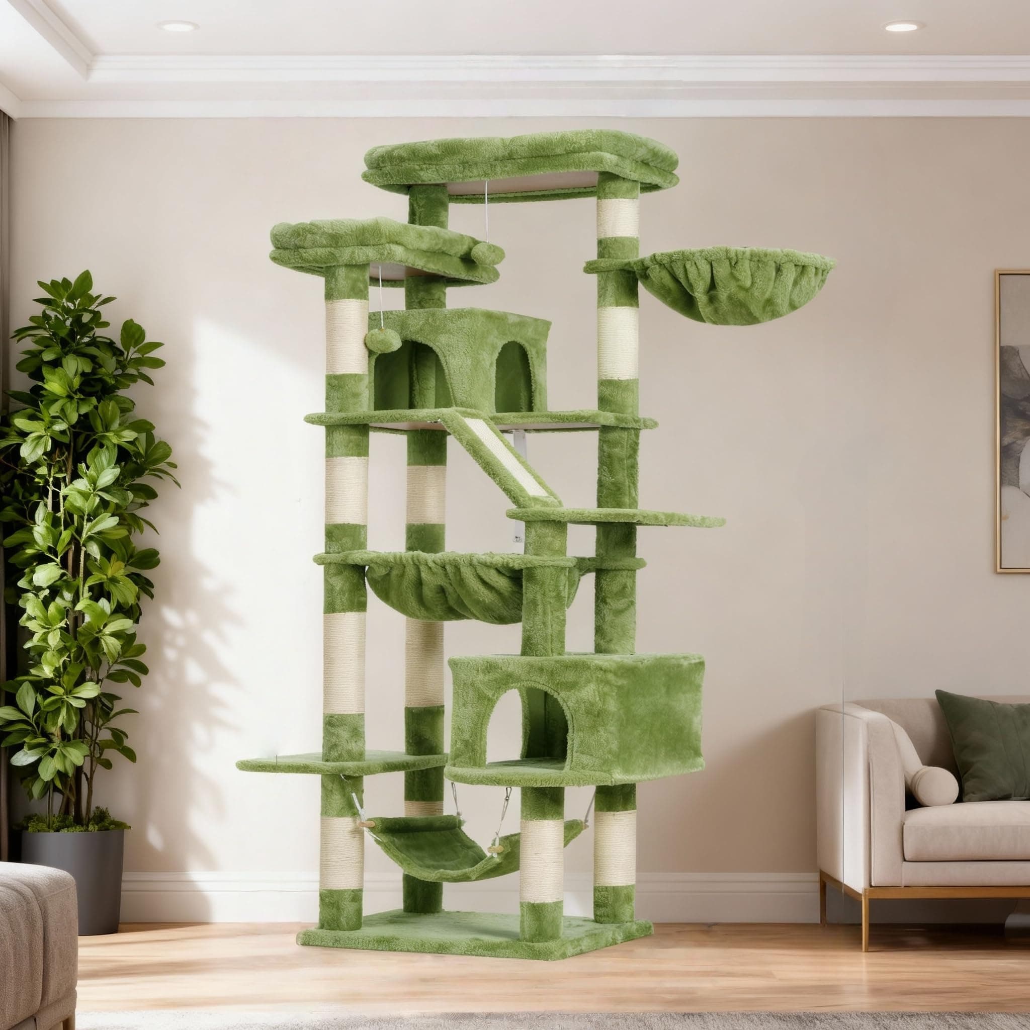 Heybly Cat Tree, 71-Inch Tall Tower for Indoor Cats with 2 Perches, 2 Big Condos, 2 Hammocks, Basket, Scratching Pad, Large Cat Furniture and Condo, Green HCT034GR
