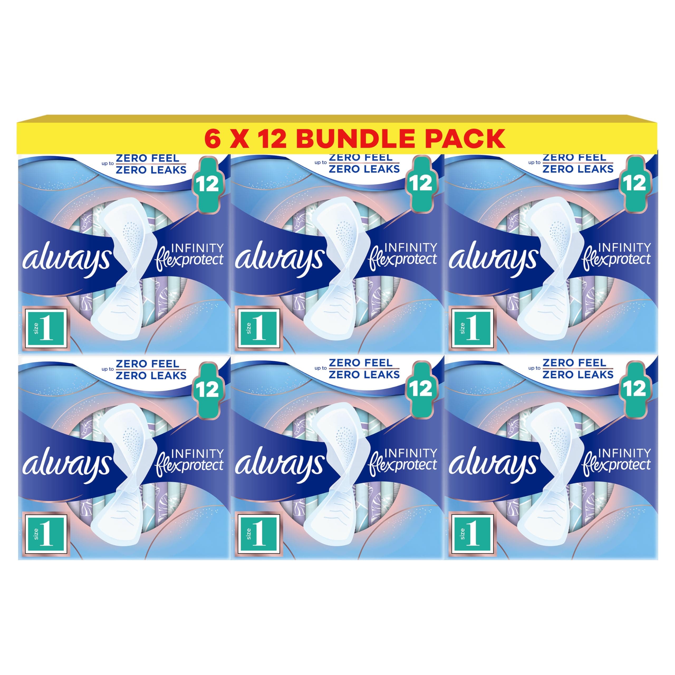 Always Infinity FlexProtect Sanitary Towels, Size 1 Normal, 6 Packs of 12 Count, Unscented, for up to Zero Feel & Zero Leaks, Super Absorbent & Flexible Protection
