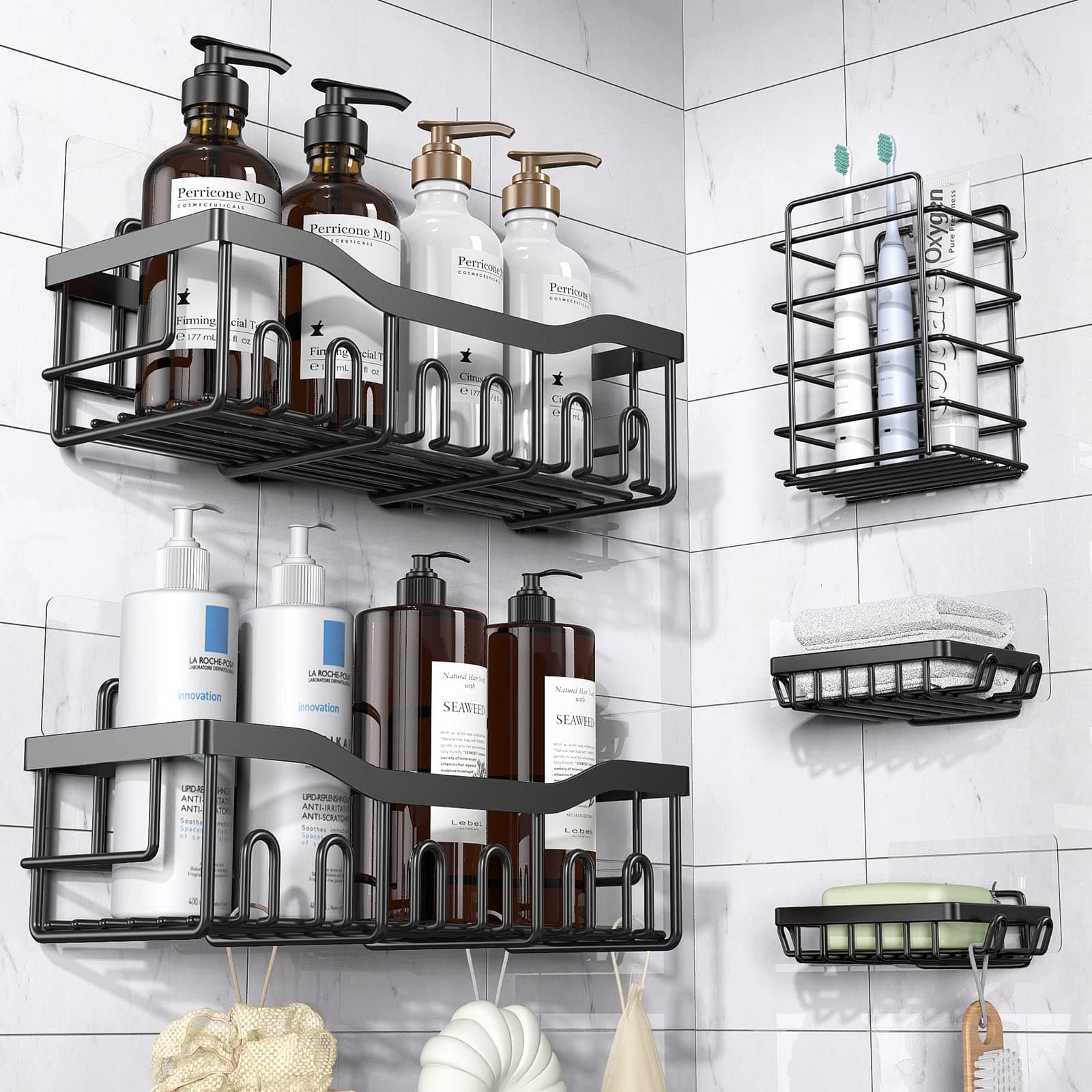 Tiokkss Shower Caddy 5 Pack, Adhesive Bathroom Organizer for Bathroom Storage&Kitchen, No Drilling, Large Capacity, Rustproof Stainless Steel Bathroom Organizer Shelves for Inside Shower Rack