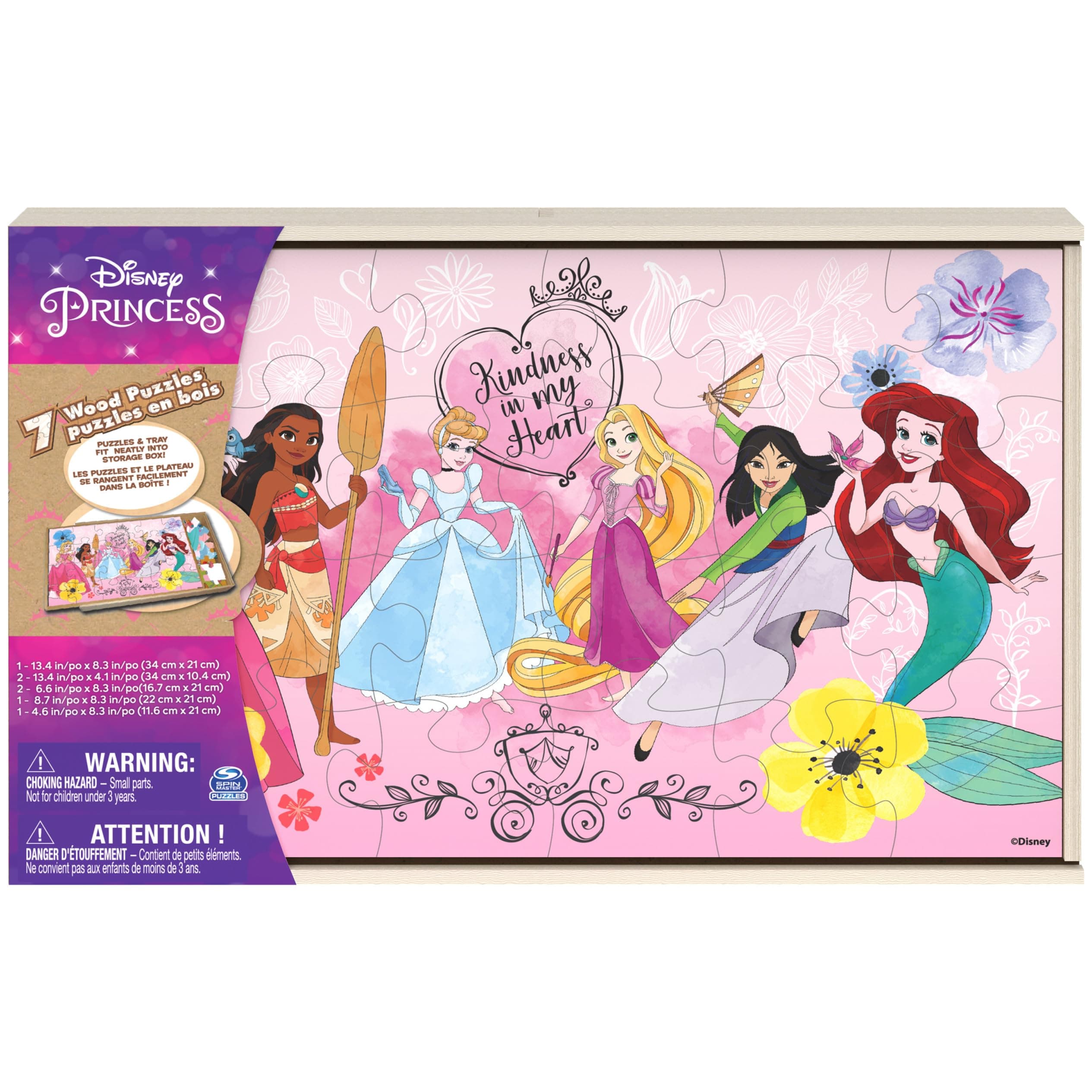 Spin Master Games, Disney Princess Puzzles, 7-Pack, Jigsaw Kids Puzzles, 12, 16, & 24 Pieces, Featuring Ariel, Tiana, Rapunzel, Pocahontas, Storage Tray, for Ages 4 & Up