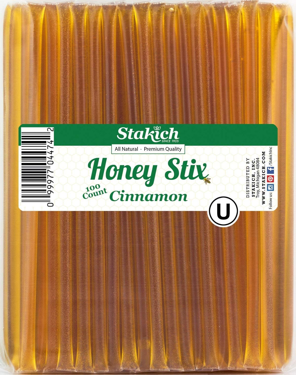 Stakich Cinnamon Honey Stix - Natural Kosher Honey Sticks Bulk - Cinnamon 100 Count