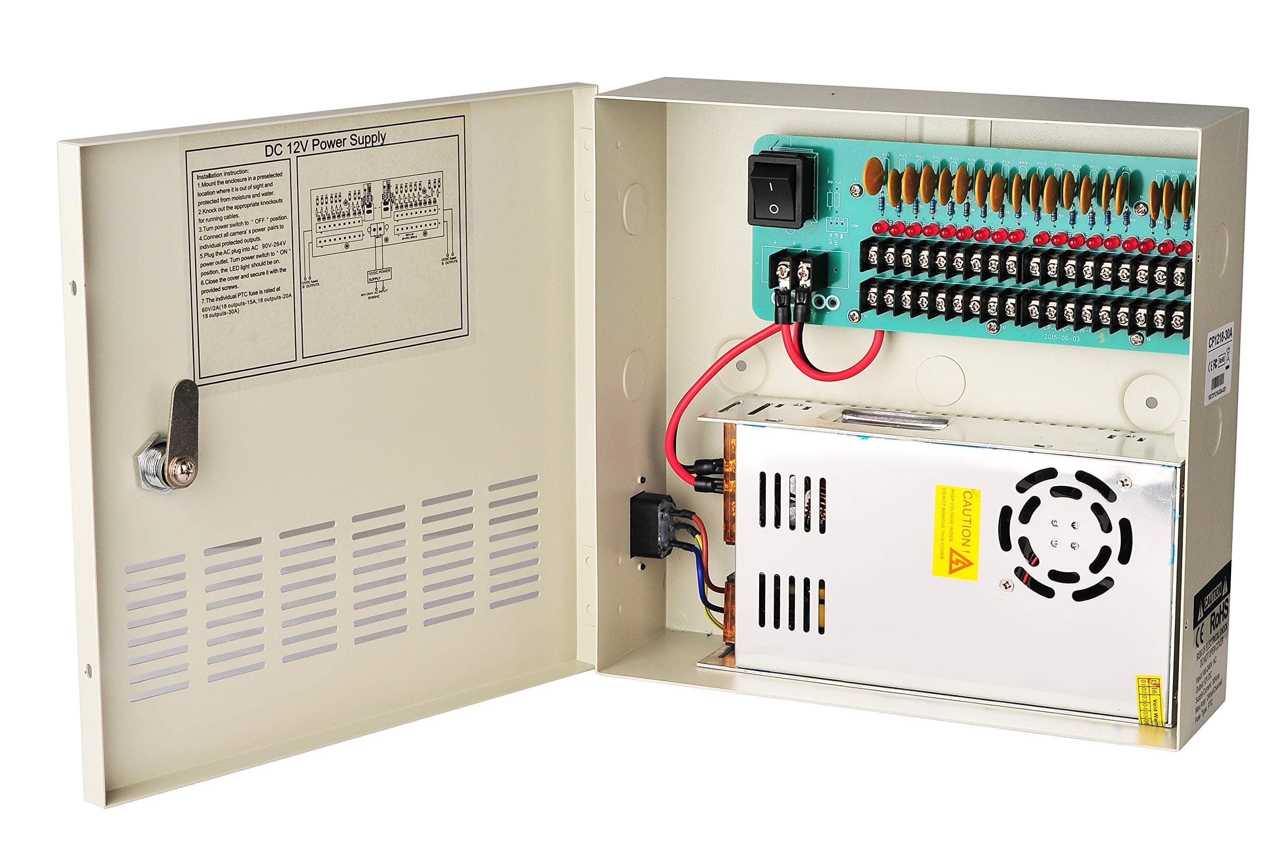 EVERSECU 18 Channel DC12V 30 Amp Reset Fuse CCTV DC Distributed Power Box with AC Plug and Lock for Security Cameras, DVRs, CCTV Power Supply