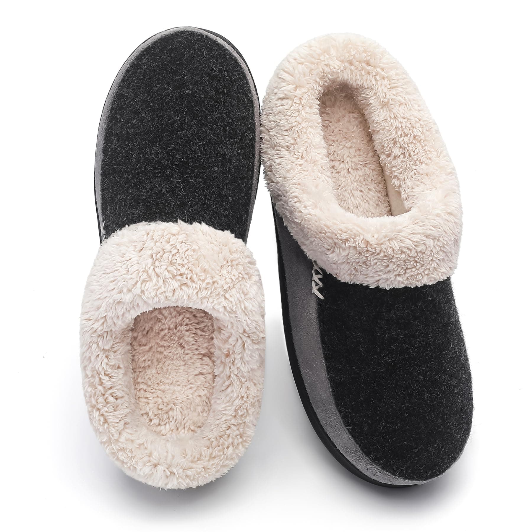 Men's Wool Plush Fleece Lined Slip on Memory Foam Clog House Slippers Indoor/Outdoor Black/Gray