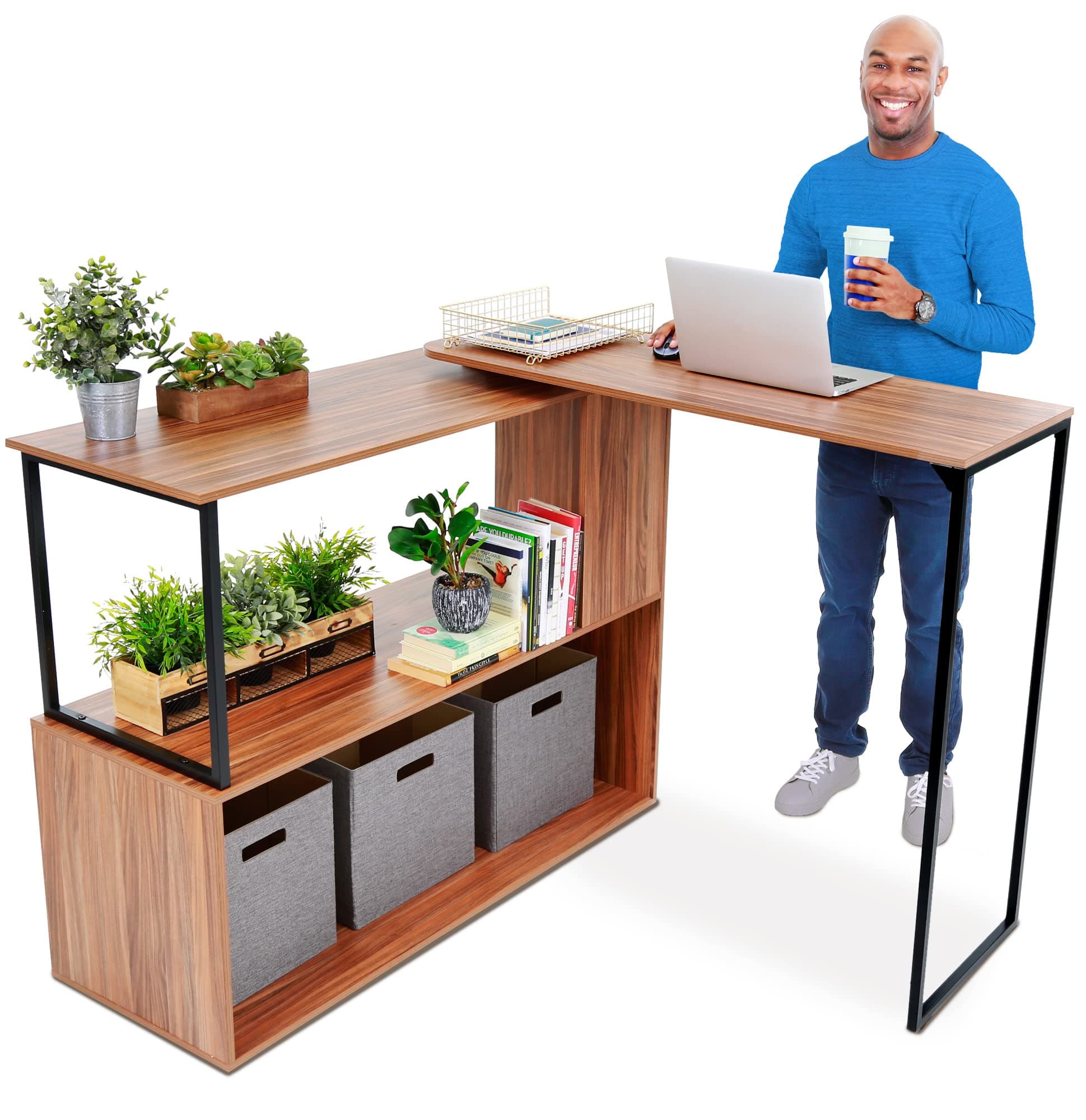 Stand Steady Joy Rotating Standing Desk L-Shaped Stand Up Desk for Home Office | Corner Computer Workstation with Storage Shelves | Space-Saving Swivel Desktop for Corners