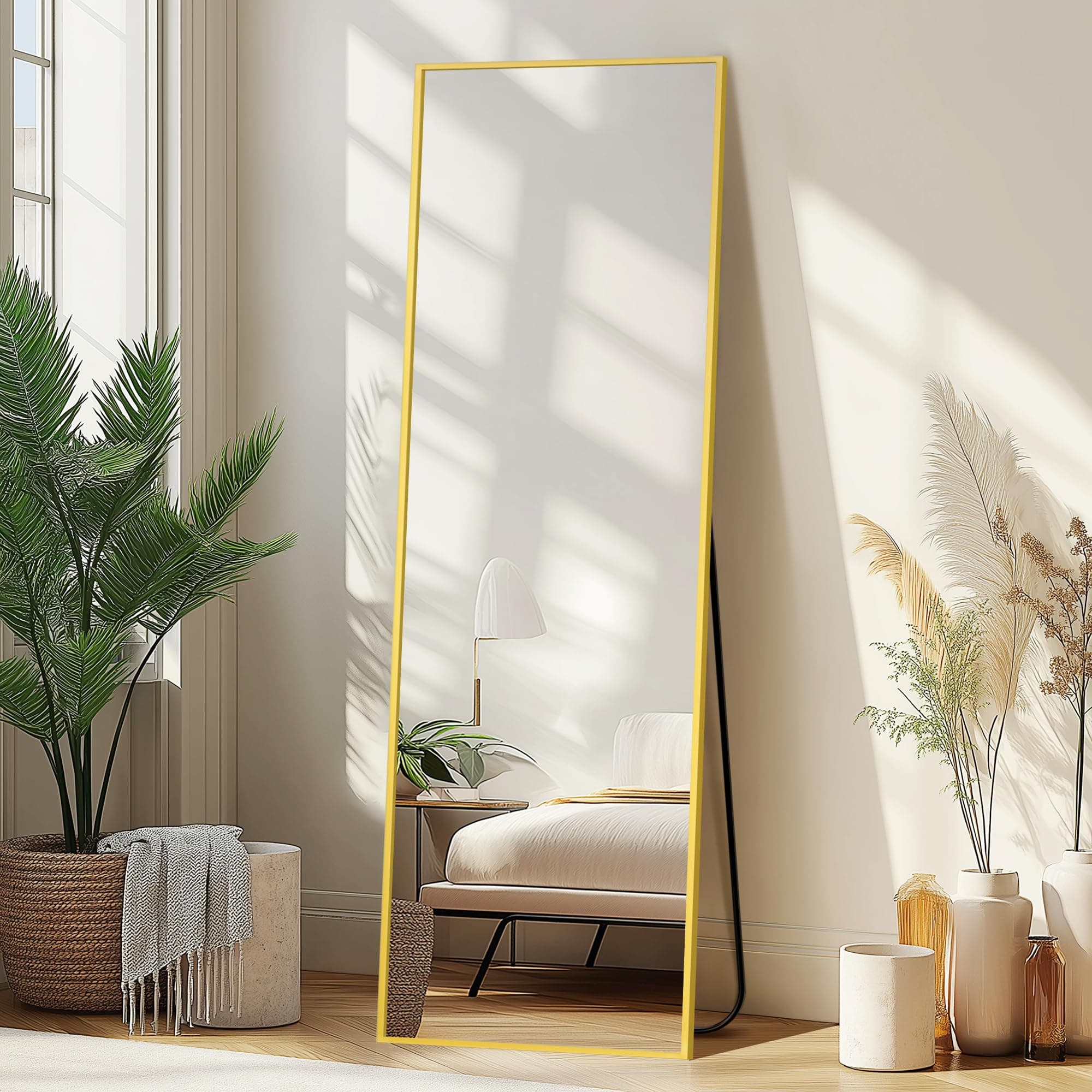 Delma Full Length Mirror,Large Floor Mirror with Aluminum Frame for Bedroom, Bathroom, Living Room,Wall Mount or Freestanding Design(with Stand,Rect 56x15-Gold)
