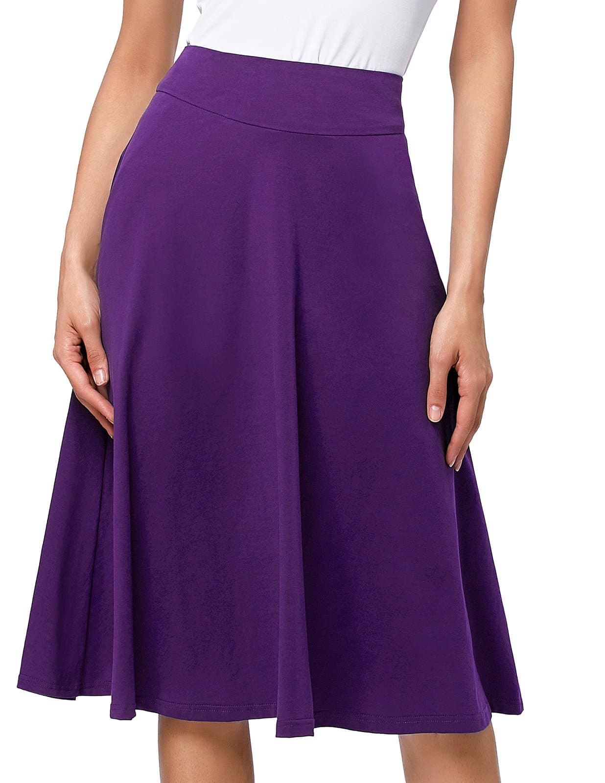 Womens Solid Lightweight Knit Elastic Waist Flared Midi Skirt (XL,Purple)