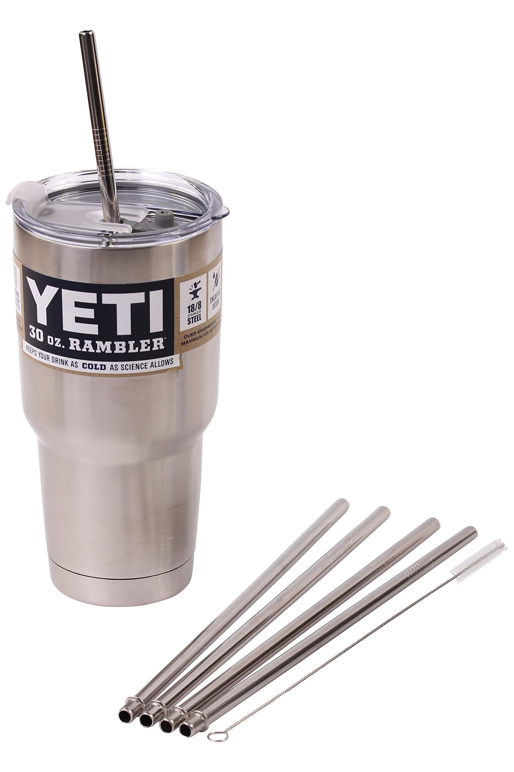 4 Bend Stainless Steel Straws Extra Long fits 30 oz & 20 oz Yeti Tumbler Rambler Cups - CocoStraw Brand Drinking Straw (4 Wide Straws + Straw Lid)