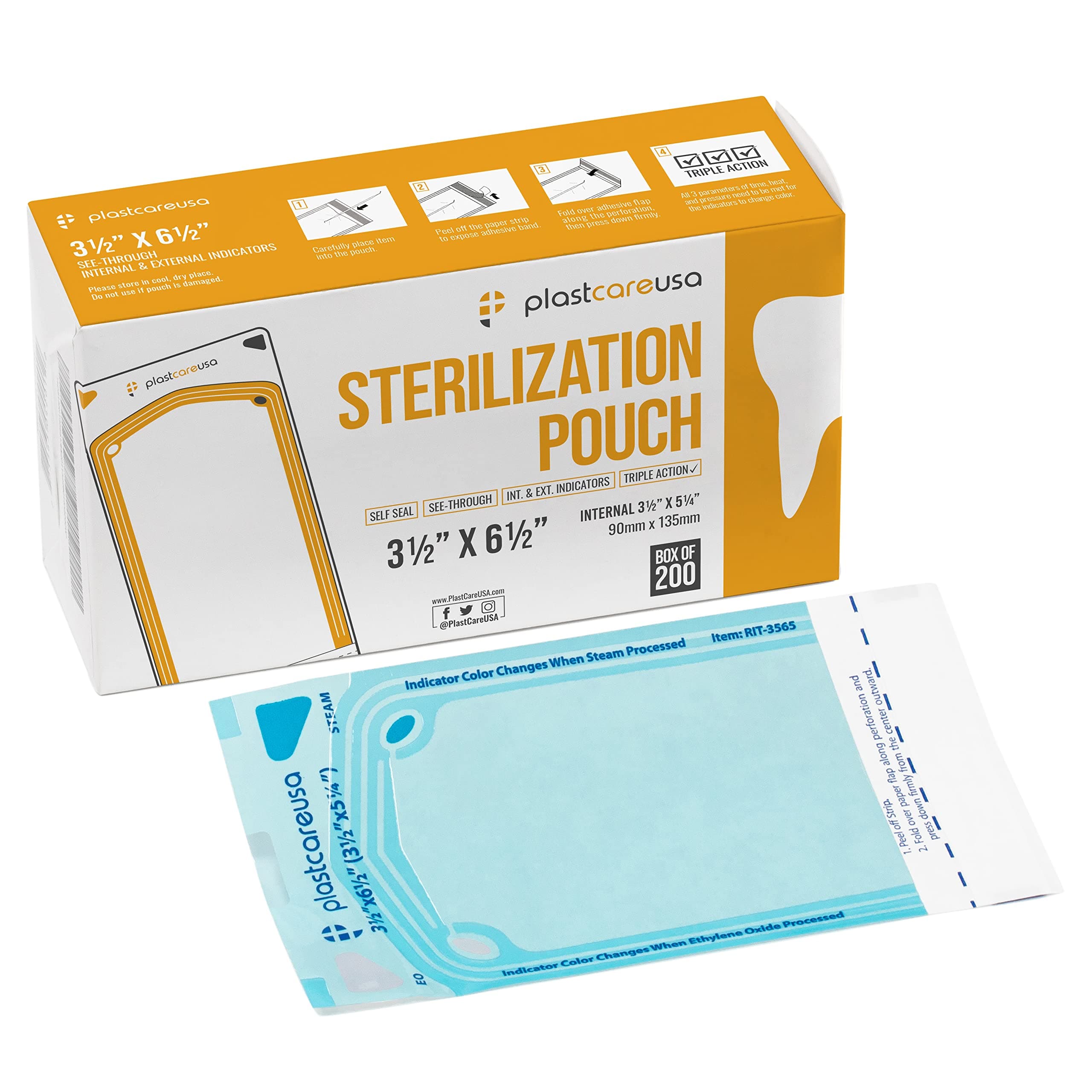 200 3.5 X 5.25 Self Sealing Sterilization Pouches - Autoclave Sterilizer Bags Pouch for Sterilizing Dental Medical Instruments & Cleaning Tools - Latex-Free, Color Changin Indicator by PlastCare USA