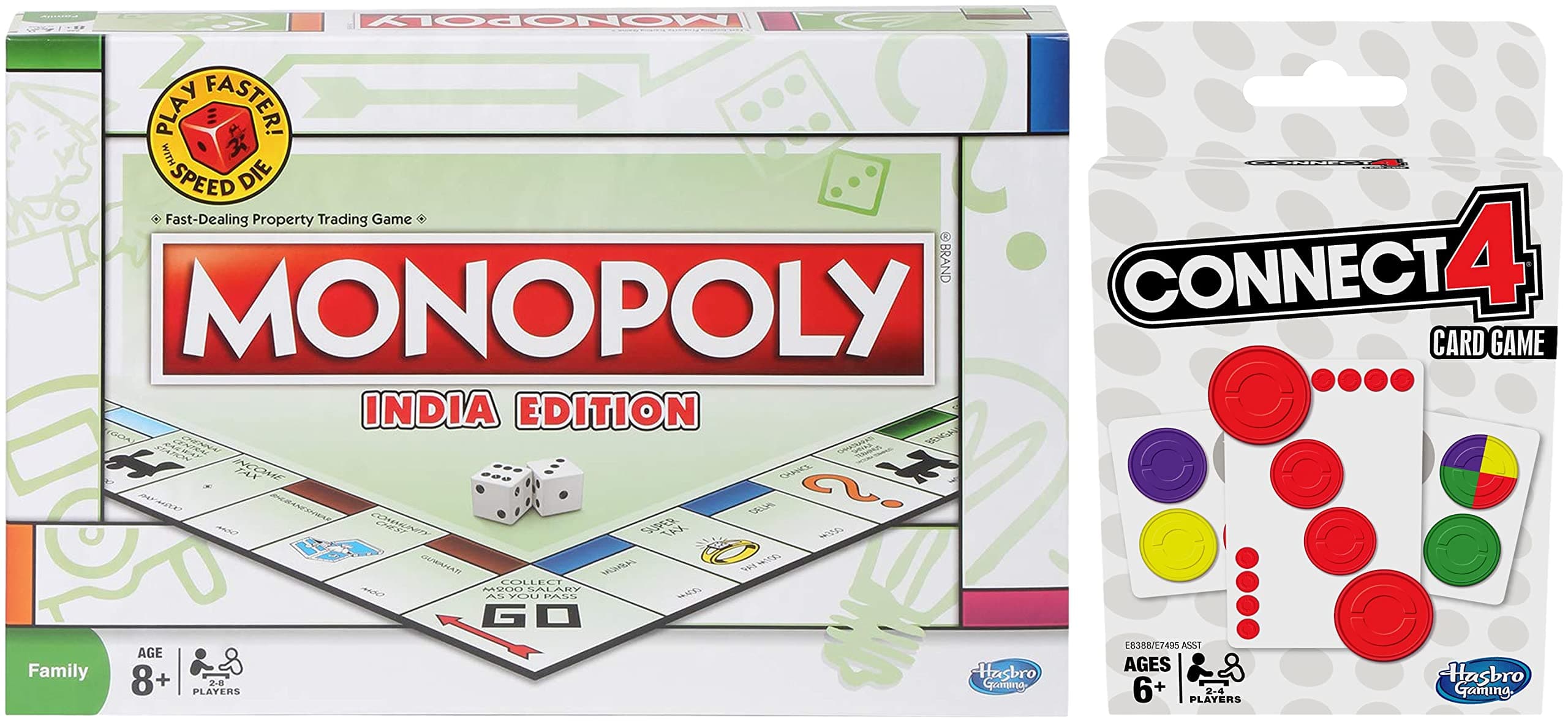 Monopoly India Edition Game, for Ages 8 and Up & Hasbro Gaming Connect 4 Card Game for Kids Ages 6 and Up, 2-4 Players 4-in-A-Row Game