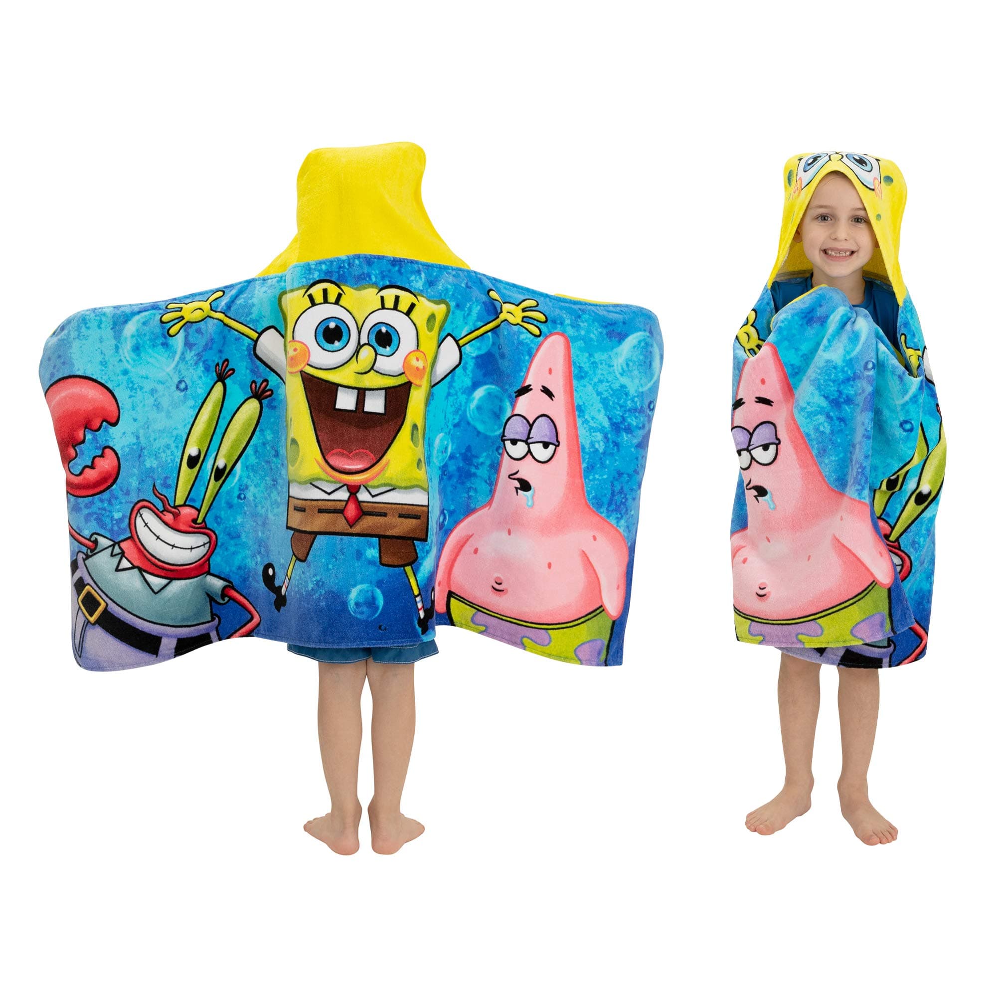 Kids Bath and Beach Soft Cotton Terry Hooded Towel Wrap, 24 in x 50 in, SpongeBob SquarePants