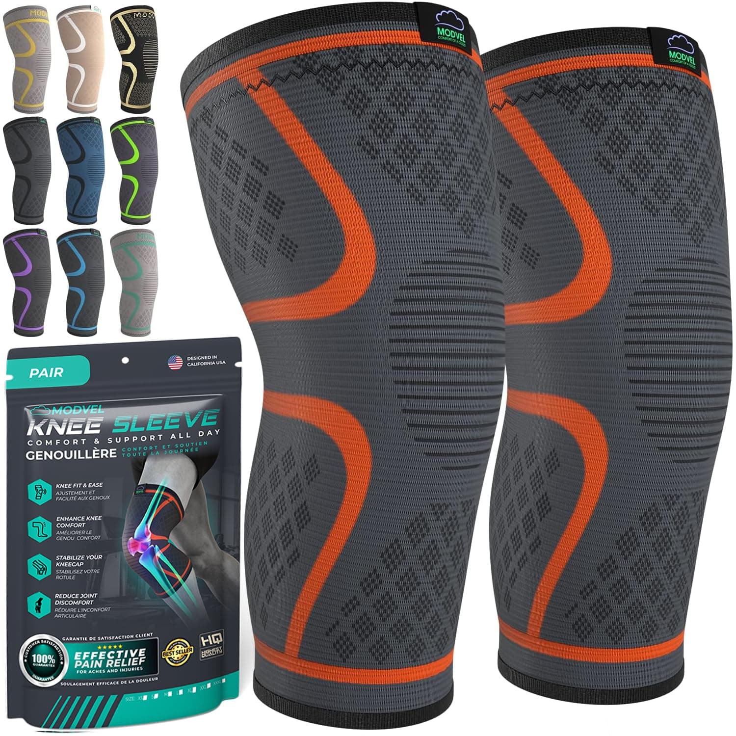 Modvel Compression Knee Brace for Women & Men, 2-Pack Knee Brace for Running Knee Pain, Knee Support Compression Sleeve, Workout Sports Knee Braces for Meniscus Tear, ACL & Arthritis Pain Relief