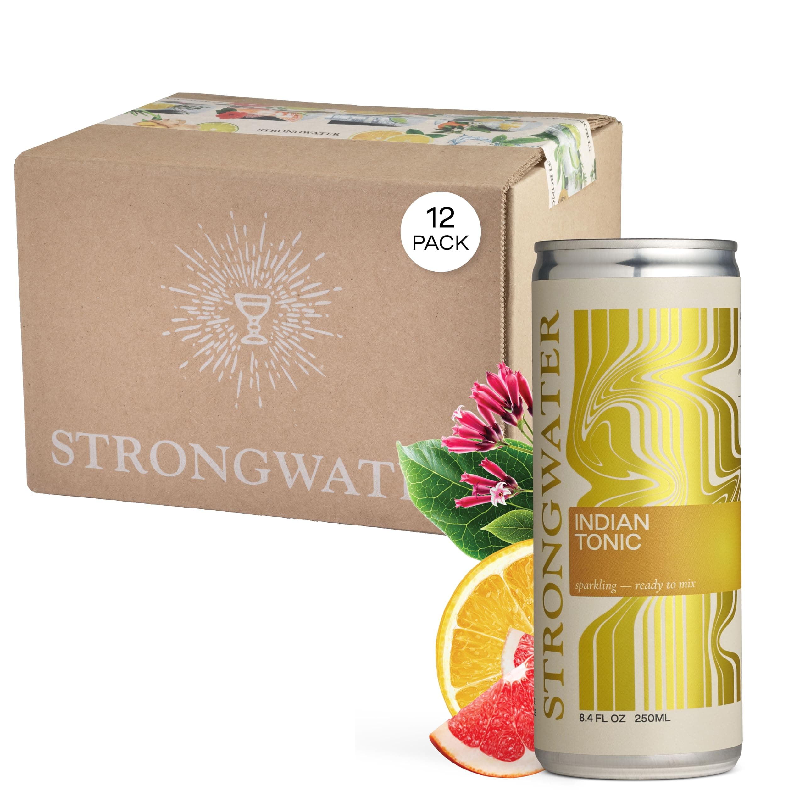 Strongwater Sparkling Indian Tonic Water - 12 Pack Cans (8.4 Fl Oz Each) - Premium Mixer with Quinine, Rocky Mountain Water & Botanicals - No Added Preservatives, Zero Sugar