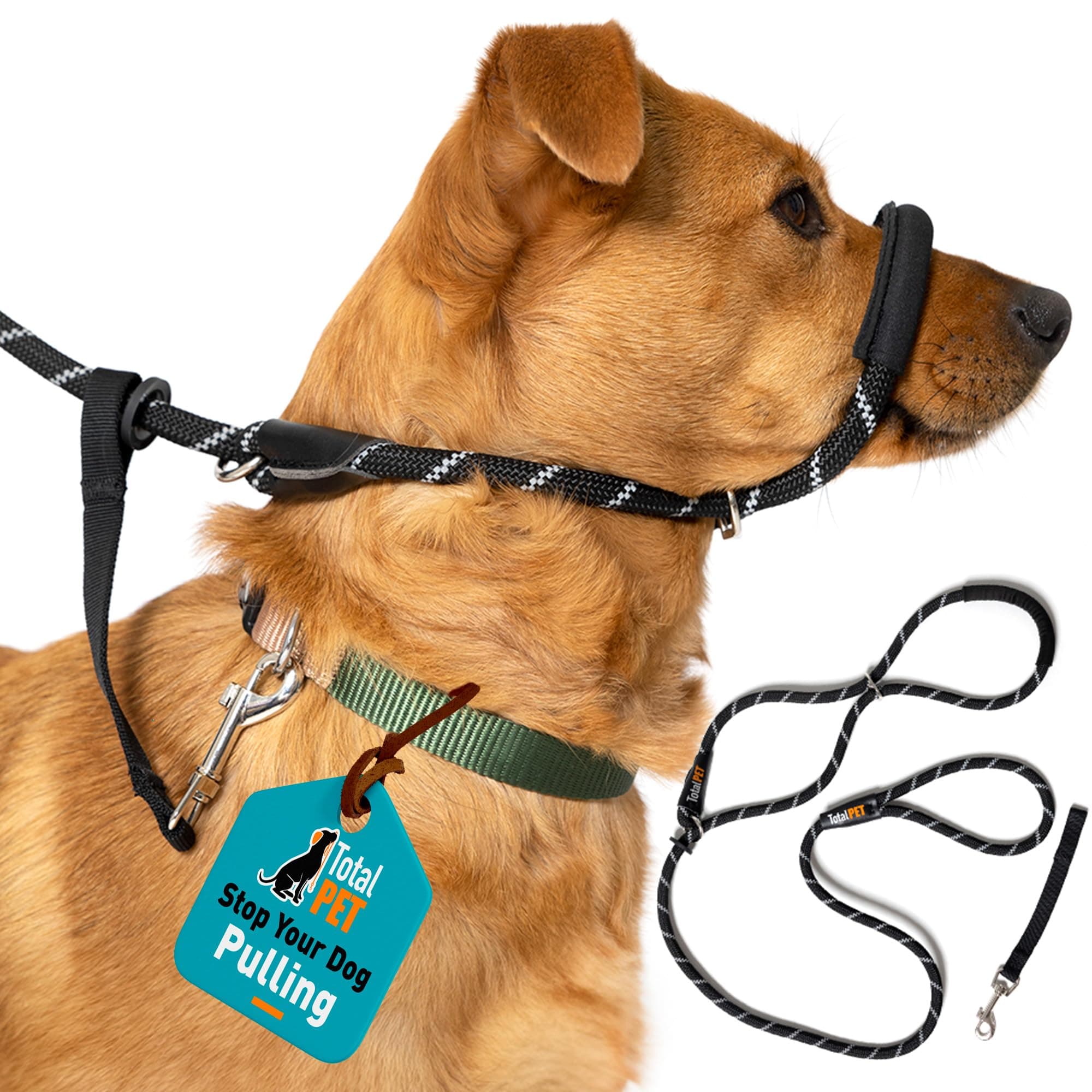 Total Pet Figure of 8 Dog Lead - Anti Pull Stop Dogs Pulling - Rope Slip Leads with Padded Nose Support (Black, Medium/Large)