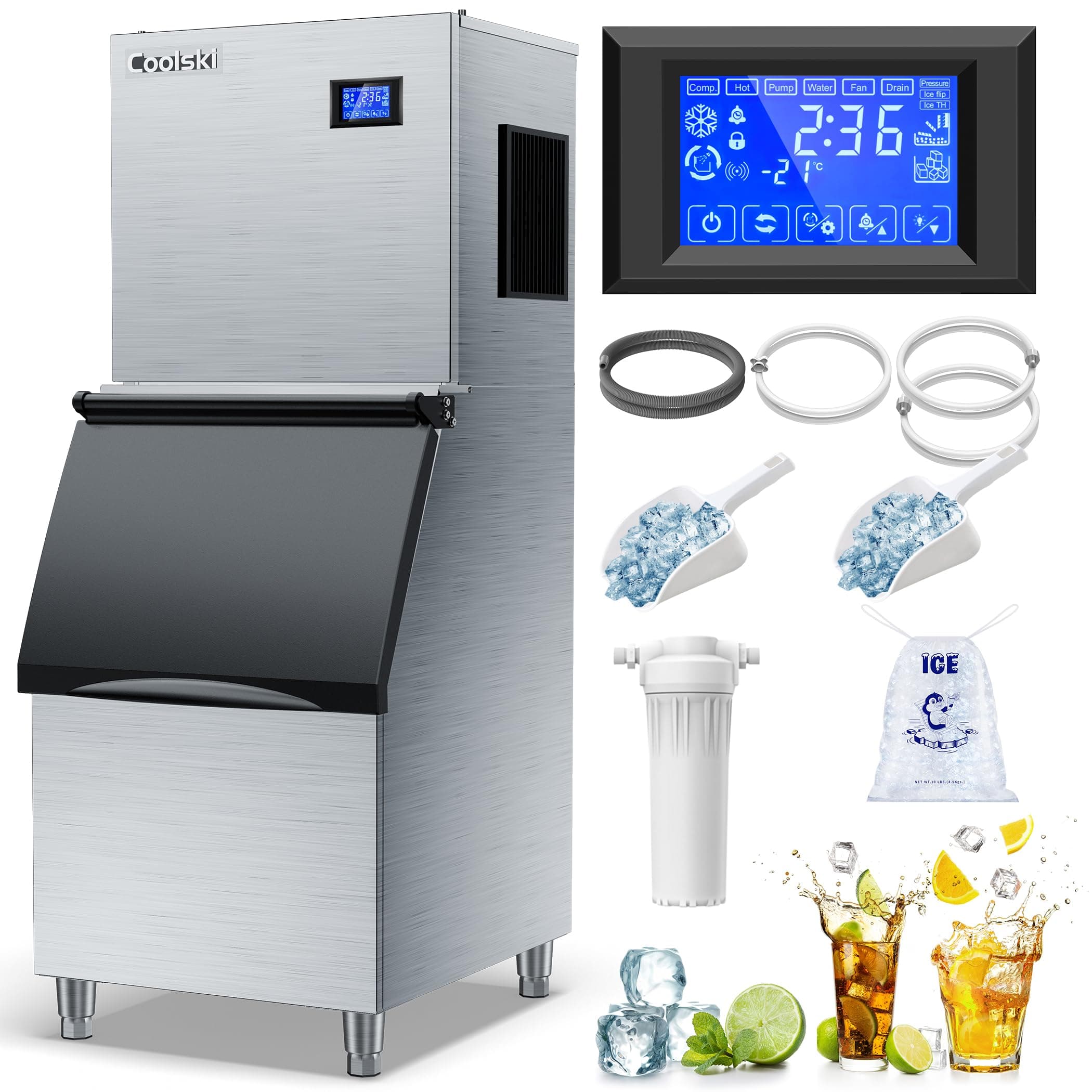 - Coolski Commercial Ice Maker Machine 350LB/24H, 22'' Air Cooled Ice Machine Commercial Clear Cube/Efficient Cooling/Durable Construction, Ideal for Restaurants/Bars/Hotels, ETL Approved