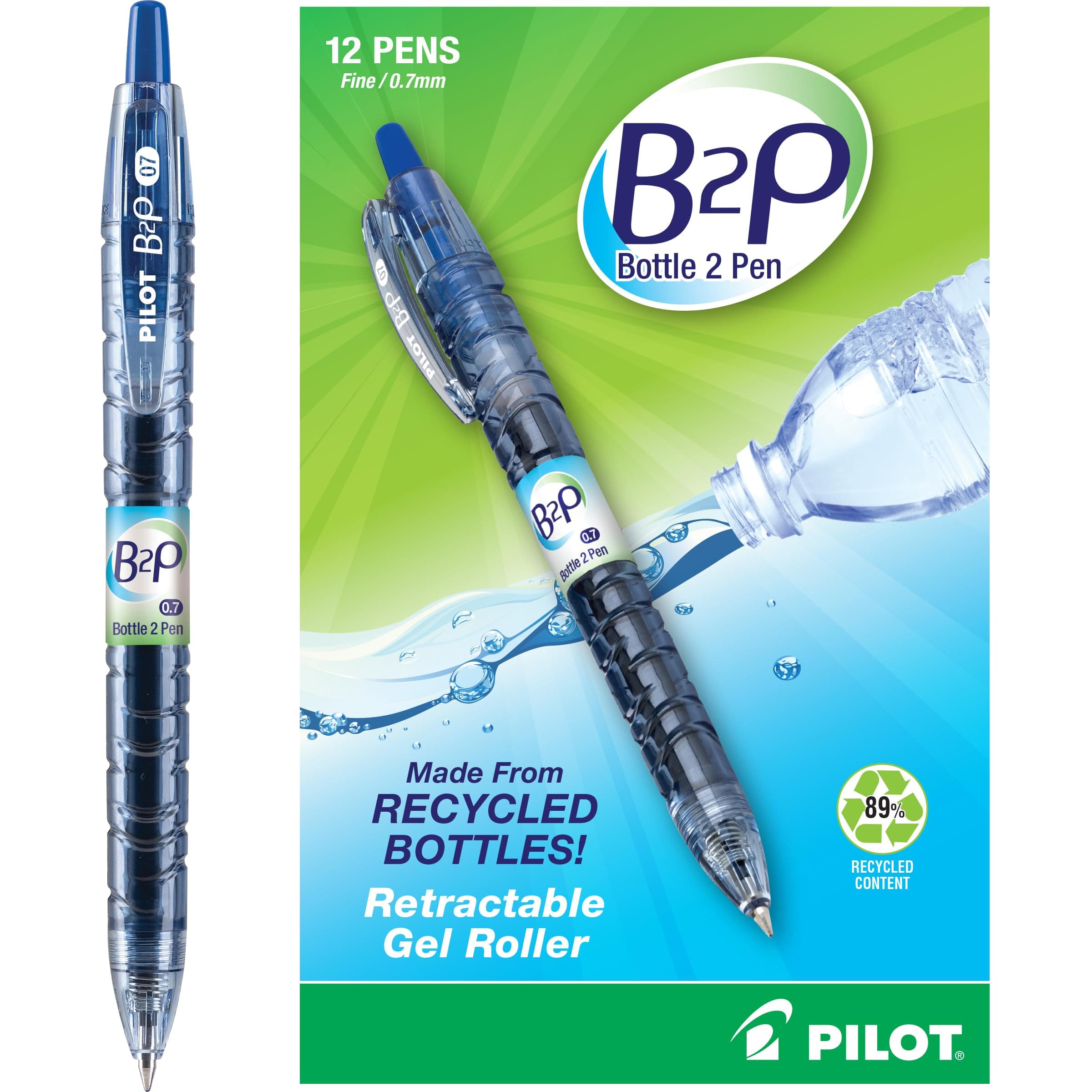 PILOT B2P - Bottle to Pen Refillable & Retractable Rolling Ball Gel Pen Made From Recycled Bottles, Fine Point, Blue G2 Ink, 12-Pack (31601)