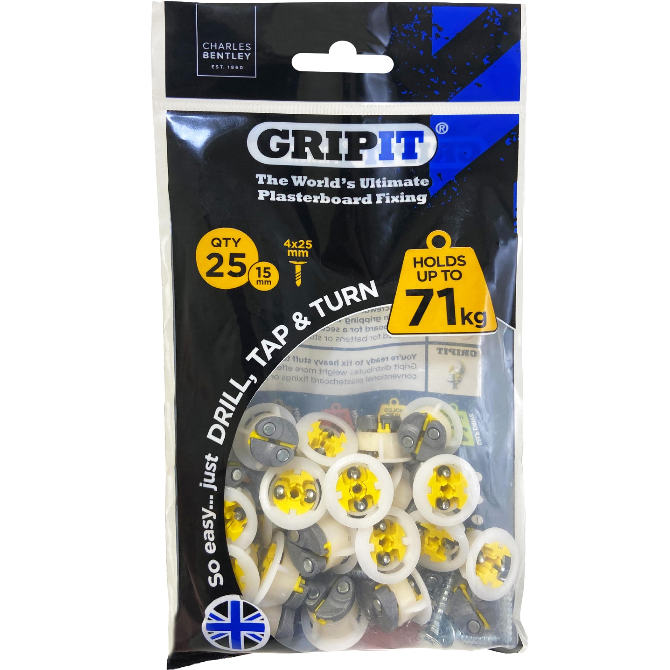 Gripit Yellow Plasterboard Fixings - Pack of 25 - Heavy Duty Stud Wall fixings - Plasterboard Anchors - Ideal for Blinds, Curtains, Mirrors & Frames - Easy Install - Holds Up to 71kg - UK Designed