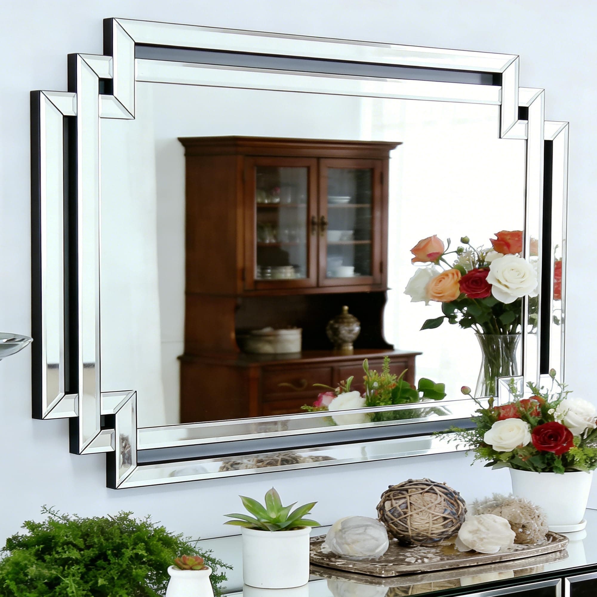 Modern Large Living Room Mirror with Mirrored Frame for Home Decor, 24" X 36" Decorative Wall Mirror with Glass Pieces and Beveled Edge for Dining Room, Bathroom, Entryway, Dressing Room