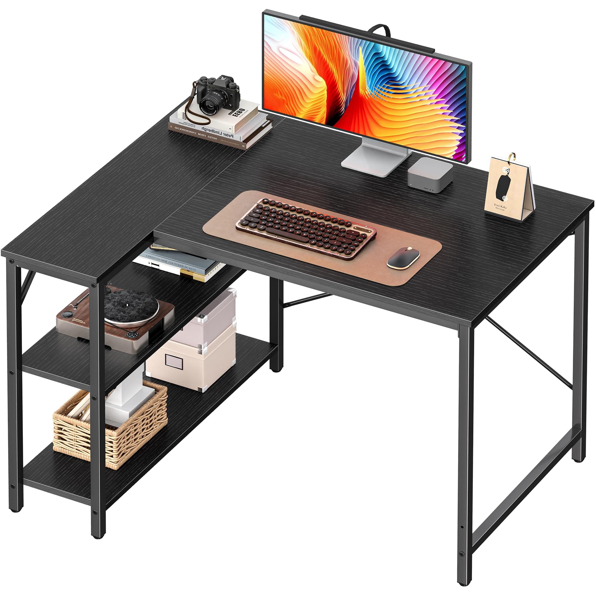 Huuger L Shaped Desk, 39 Inches Computer Desk with Reversible Storage Shelves, Gaming Desk, for Corner Home Office Writing Study, Metal Frame, Black