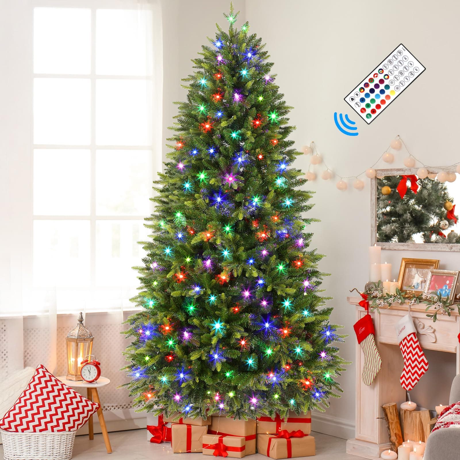 SHareconn 6ft Pre Lit Artificial Christmas Tree with 320 Color Changing RGB Lights, Remote Control, Fake Pre-Lit Lush Fir Tree with 1874 Branch Tips for Xmas Decoration