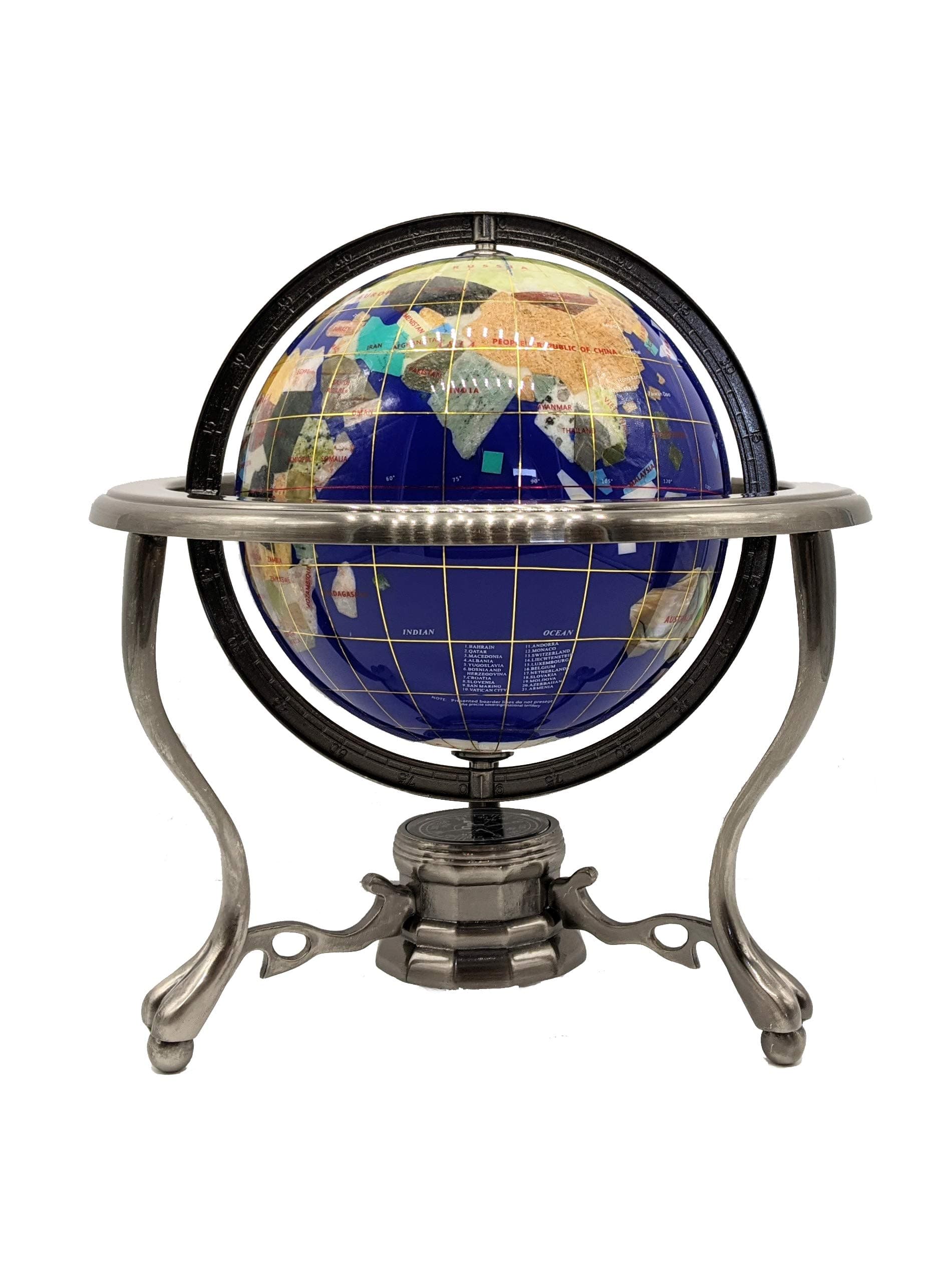 Unique Art 10-Inch Tall Table Top Blue Lapis Ocean Gemstone World Globe with Silver Tripod Stand