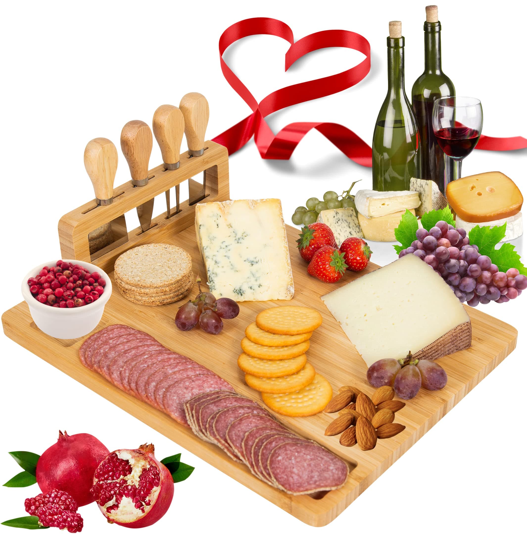 Giggi Bamboo Cheese Board Gift Set | Cheese Board with 4 Piece Cheese Knives | Charcuterie Board | Cheese Board and Knife Set Ideal for Christmas Gifts Birthday Gifts Parties Perfect Cheese Board Set