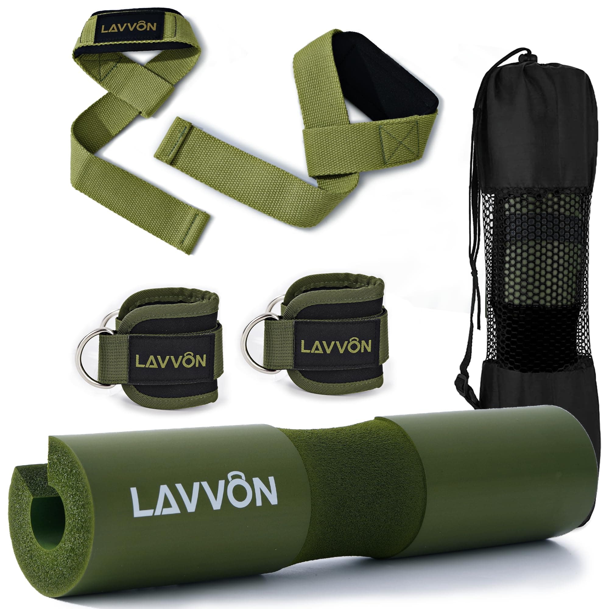 Squat Pad Set - Foam Barbell Pad for Squats Cushion, Lunges & Bar Padding for Hip Thrusts - Standard Olympic Weight Bar Pad - With Ankle Straps, Wrist Straps for Weightlifting