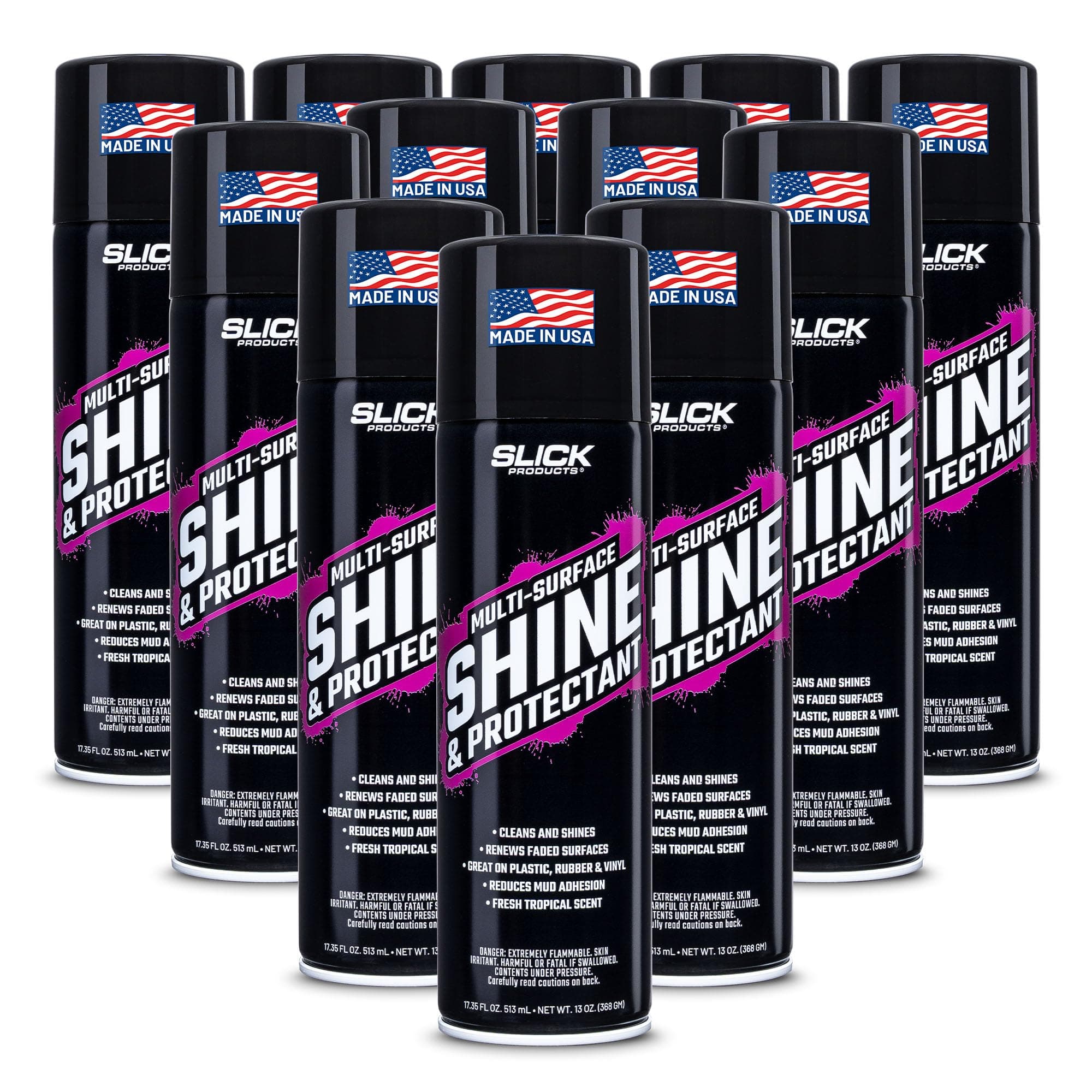 Slick Products Shine & Protectant, Long-Lasting High-Gloss Clear Coat Spray, Renew, Shine, and Protect Plastic, Vinyl, Rubber, Trim, and More (12-Pack)